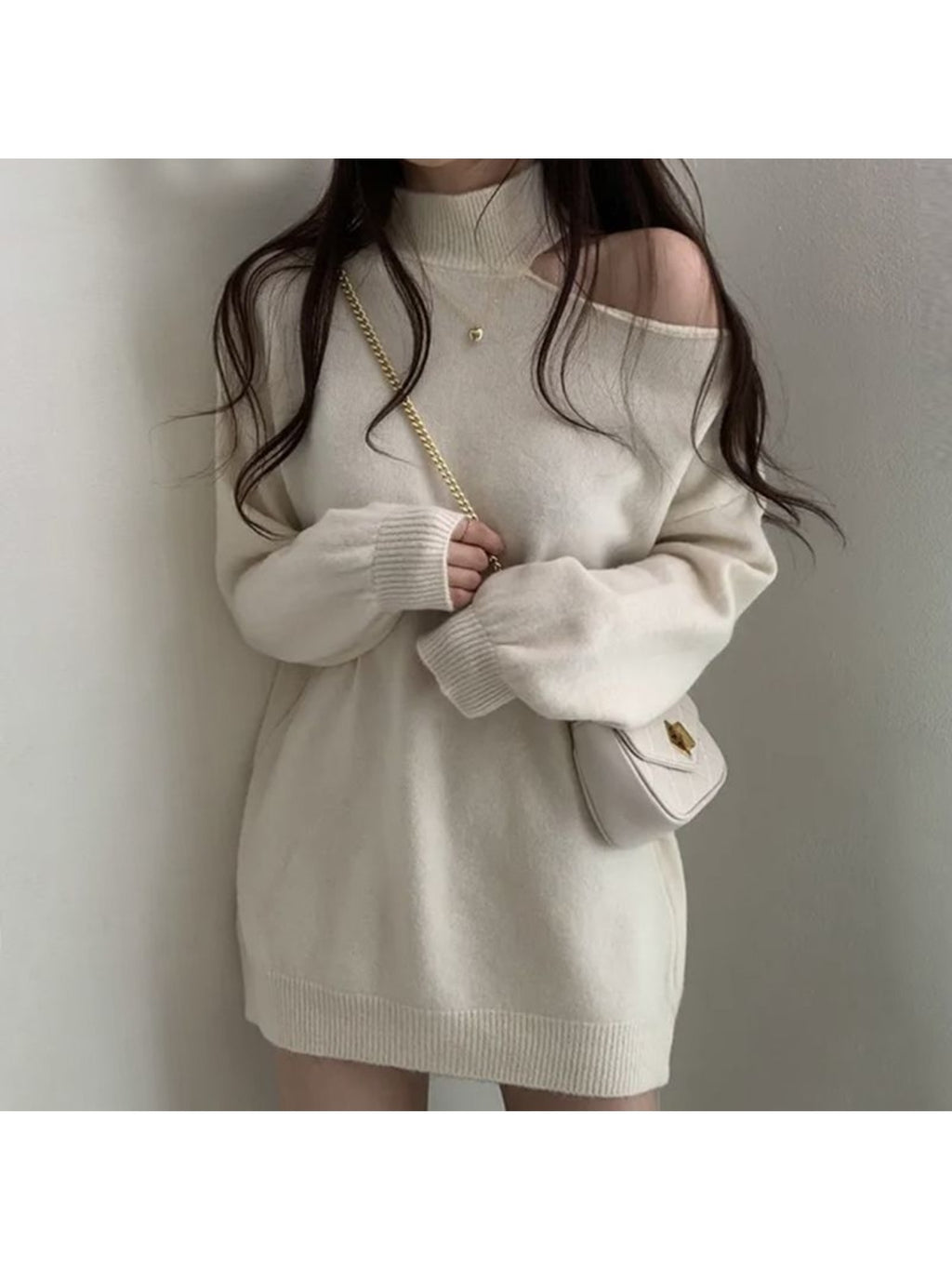 European & American Style 2026 Fall\Winter Off-Shoulder Turretneck Sweater - Hollow-Out Shoulder Design, Loose Fit Blouse, Medium-Stretch Casual Winter Sweaters for Layering
