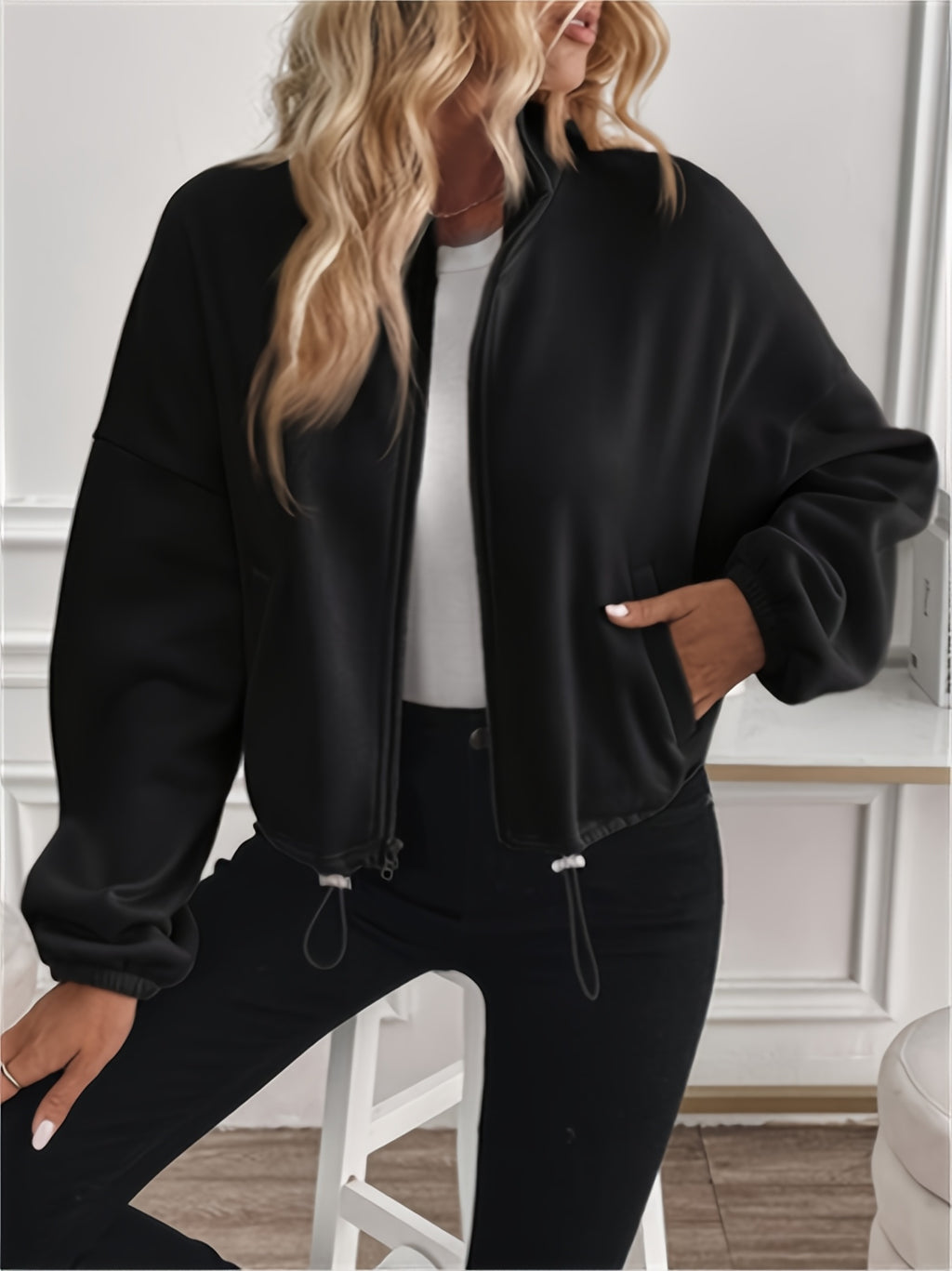 Women'S Casual Jacket with Long Sleeves, Featuring a Zipper And Drawstring, Stylish Attire for The Fall And Winter Seasons