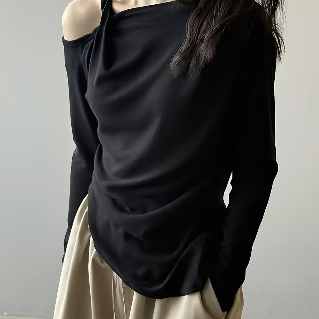 Ladies' Elegant Off Shoulder Long Sleeved T-shirt Top | Irregular Design, Versatile for Banquets, Dates, Festivals, Daily Life, Leisure, Celebrations, Tourism