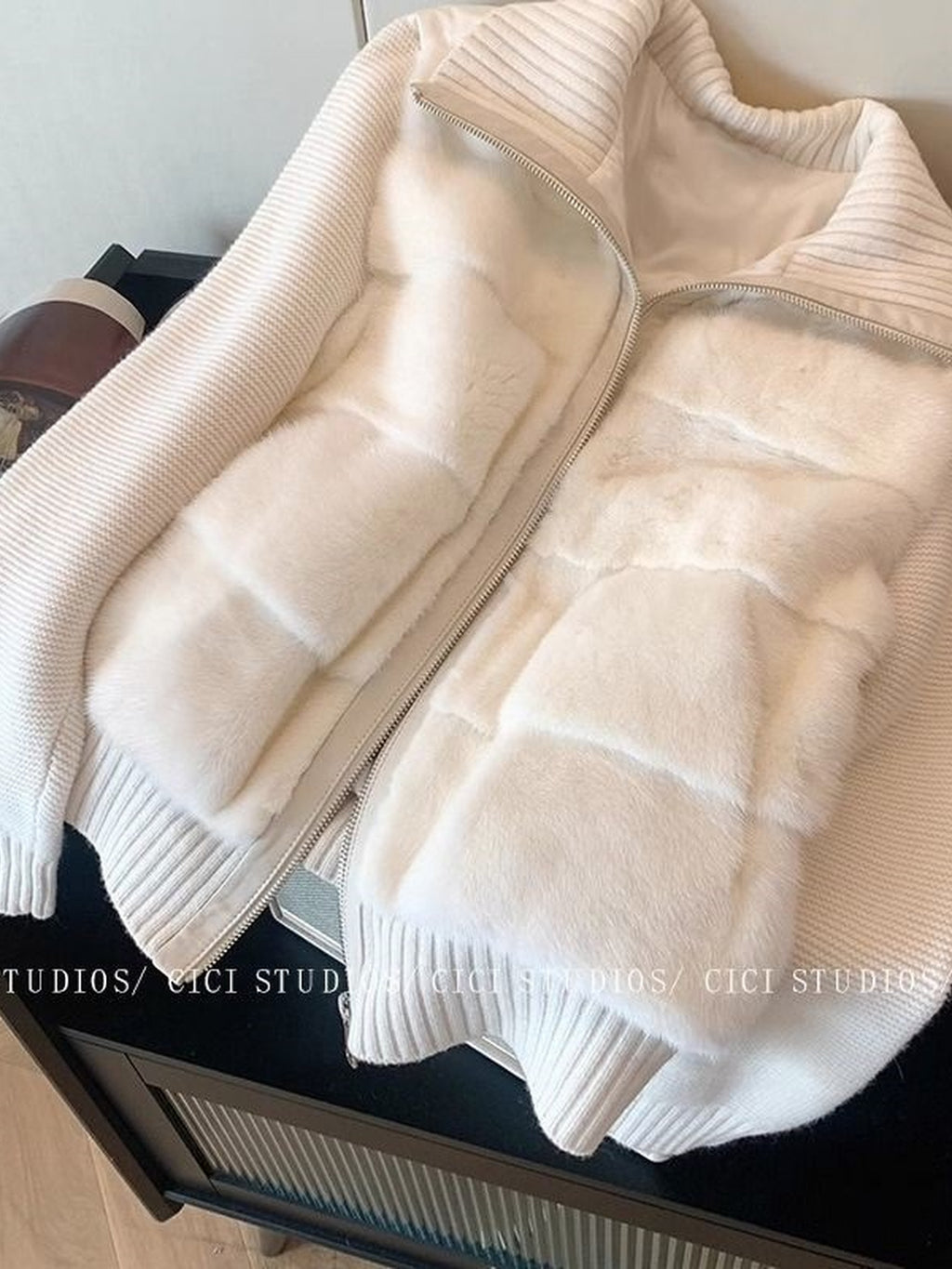 White Patchwork Imitation Mink Padded Jacket for Women | Winter 2025 New Chic Style Warm Quilted Short Coat, Elegant Geometric-Pattern, Long Puff Sleeves, Regular Length