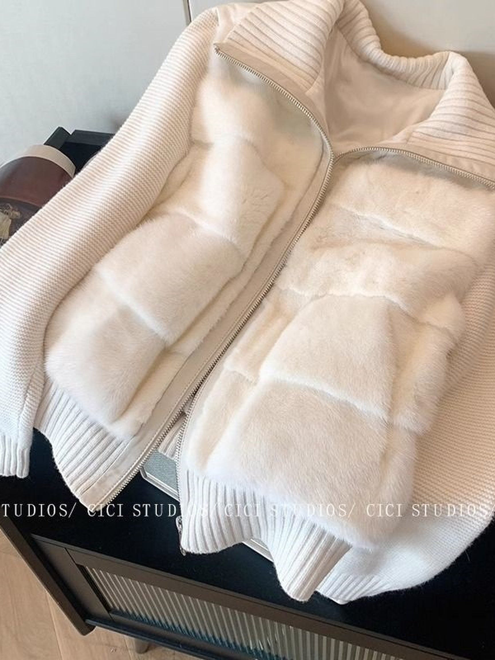 White Patchwork Imitation Mink Padded Jacket for Women | Winter 2025 New Chic Style Warm Quilted Short Coat, Elegant Geometric-Pattern, Long Puff Sleeves, Regular Length