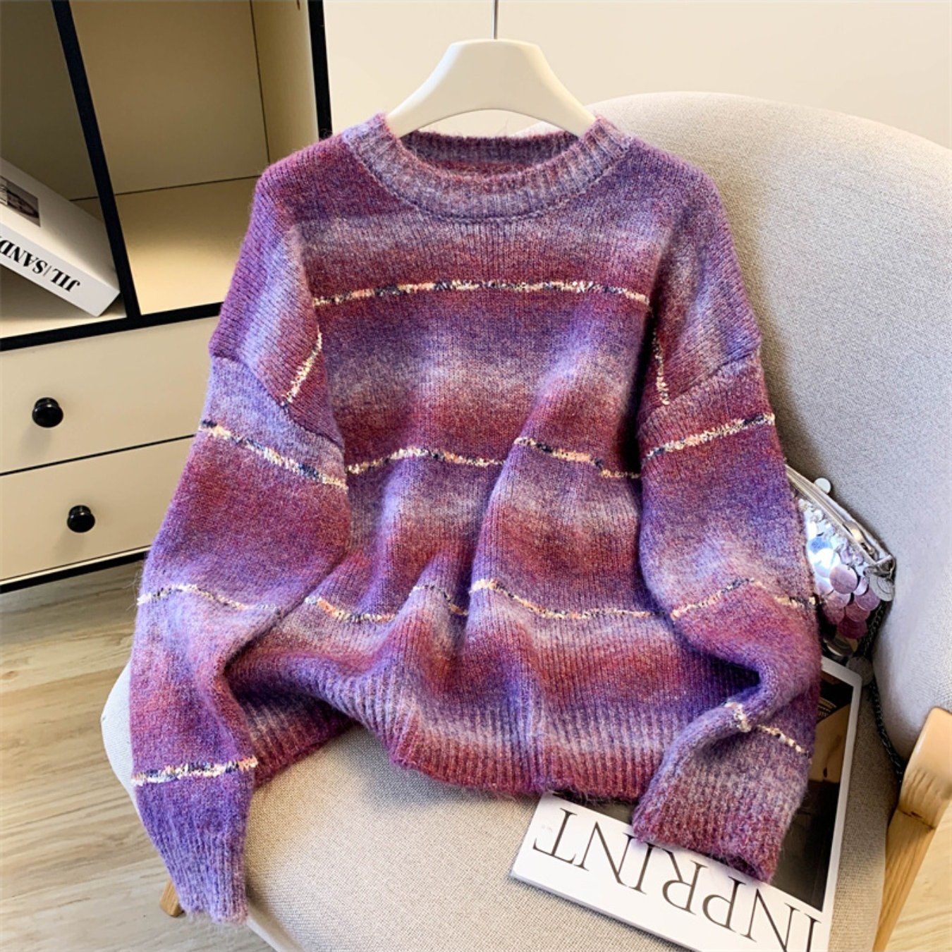 Women's Winter Warm Loose-Fit Outerwear Sweater - Rainbow Stripe Color-Block Round Neck Pullover, Casual Winter Sweaters for Layering (Hand Washable) in Multicolor Stripes