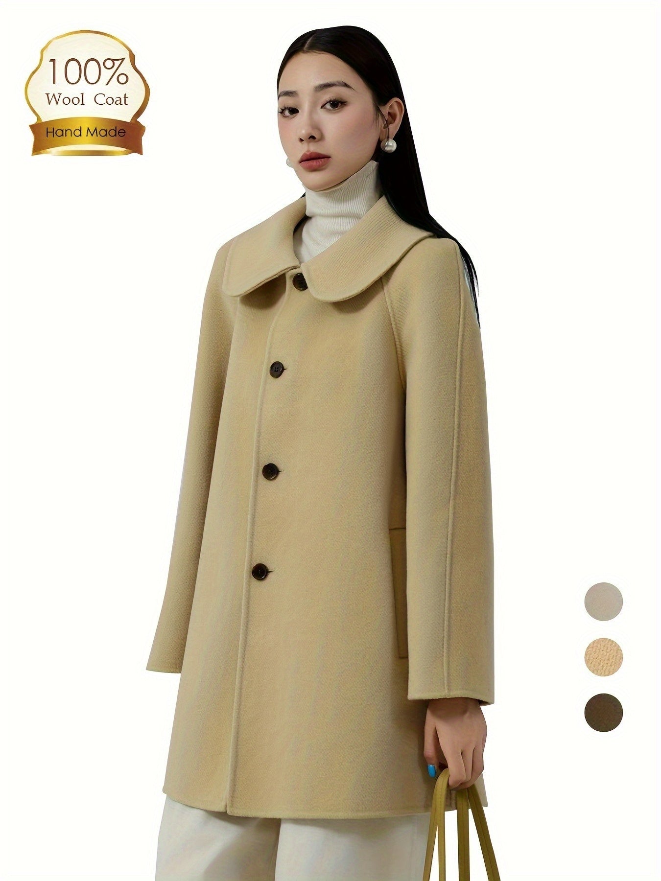 Women's Handmade 100% Wool Wool Coat - Double-Faced Winter Jacket with Single-Breasted Lapel & Pockets, H-Silhouette Peacoat Overcoat for Fall\Winter
