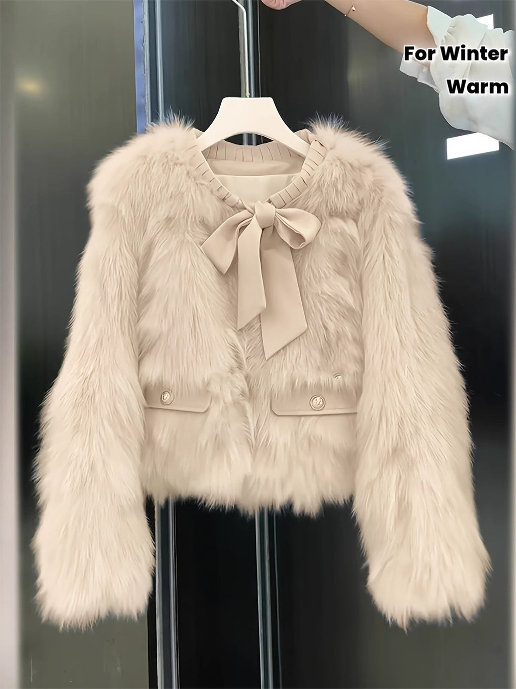 Women' Short Faux Fox Fur Shearling Jacket with Bowknot & Fringe - Winter Warm Coat Suitable for Women