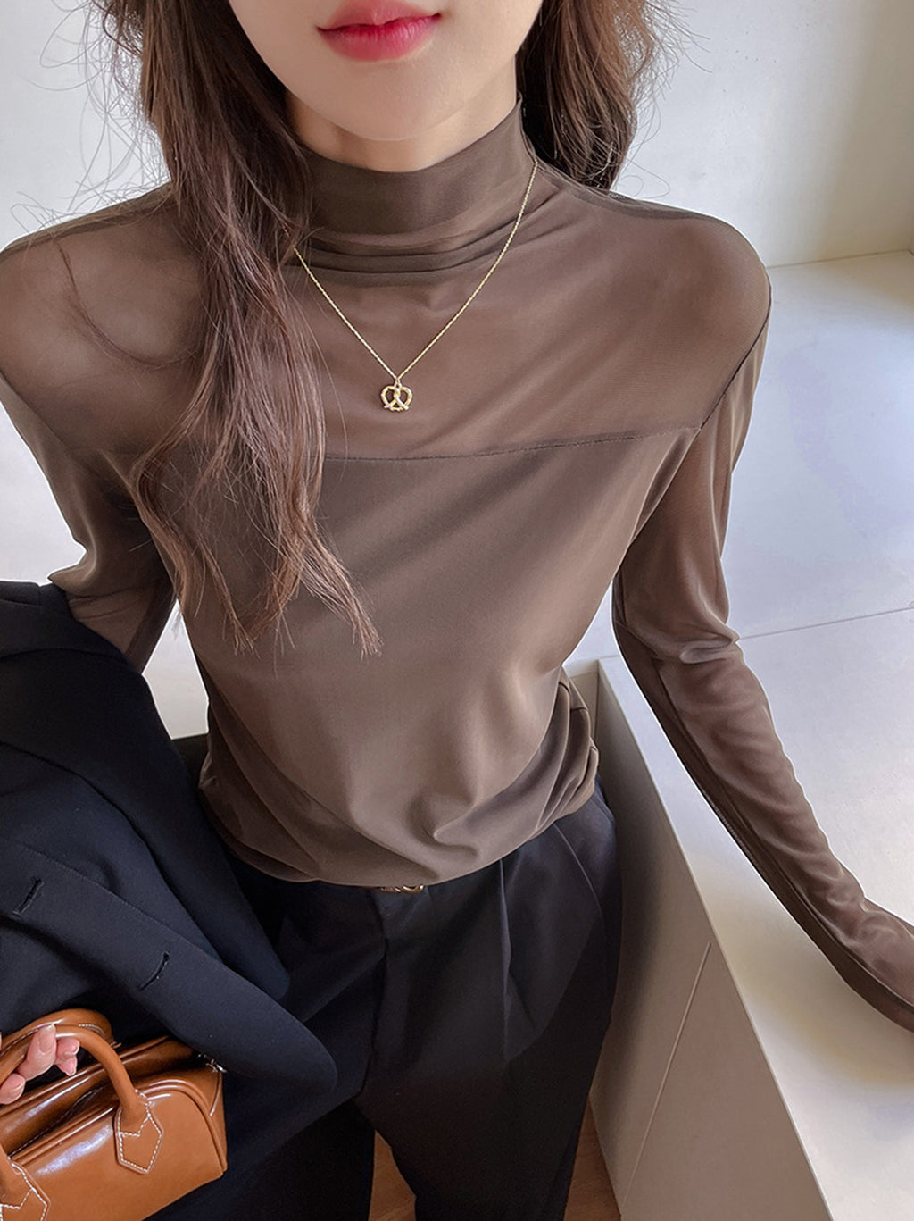Mesh Patchwork Long-Sleeved Base Shirt | Women'S Autumn and Winter Semi-Turtleneck Fashion High-End Inner Top with Contrast Mesh Details