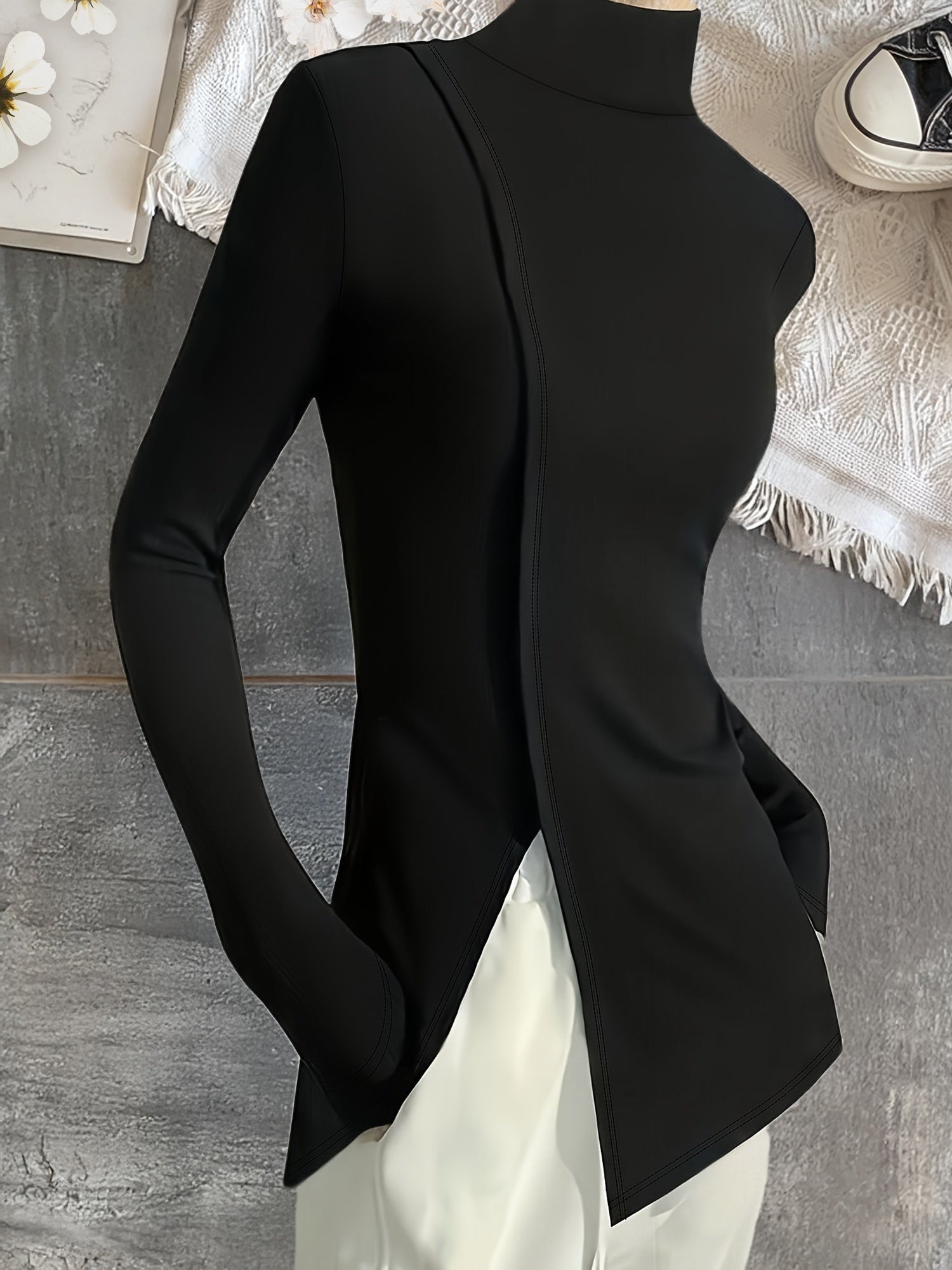 Women's Elegant High-Neck Long-Sleeve Turtleneck Top with Asymmetrical Hem - Sleek Fit Solid Color Black Shirt, Machine Washable All-Season Versatile Top for Casual & Formal Wear, Formal Clothing, Modern Fashion, Smooth Fabric