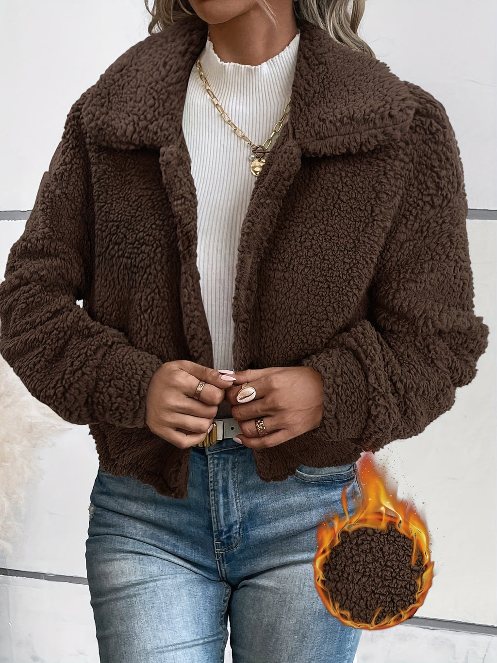 Women's Autumn-Winter Warm Elegant Solid Color Casual Lapel Front Button Long Sleeve Short Faux Coat