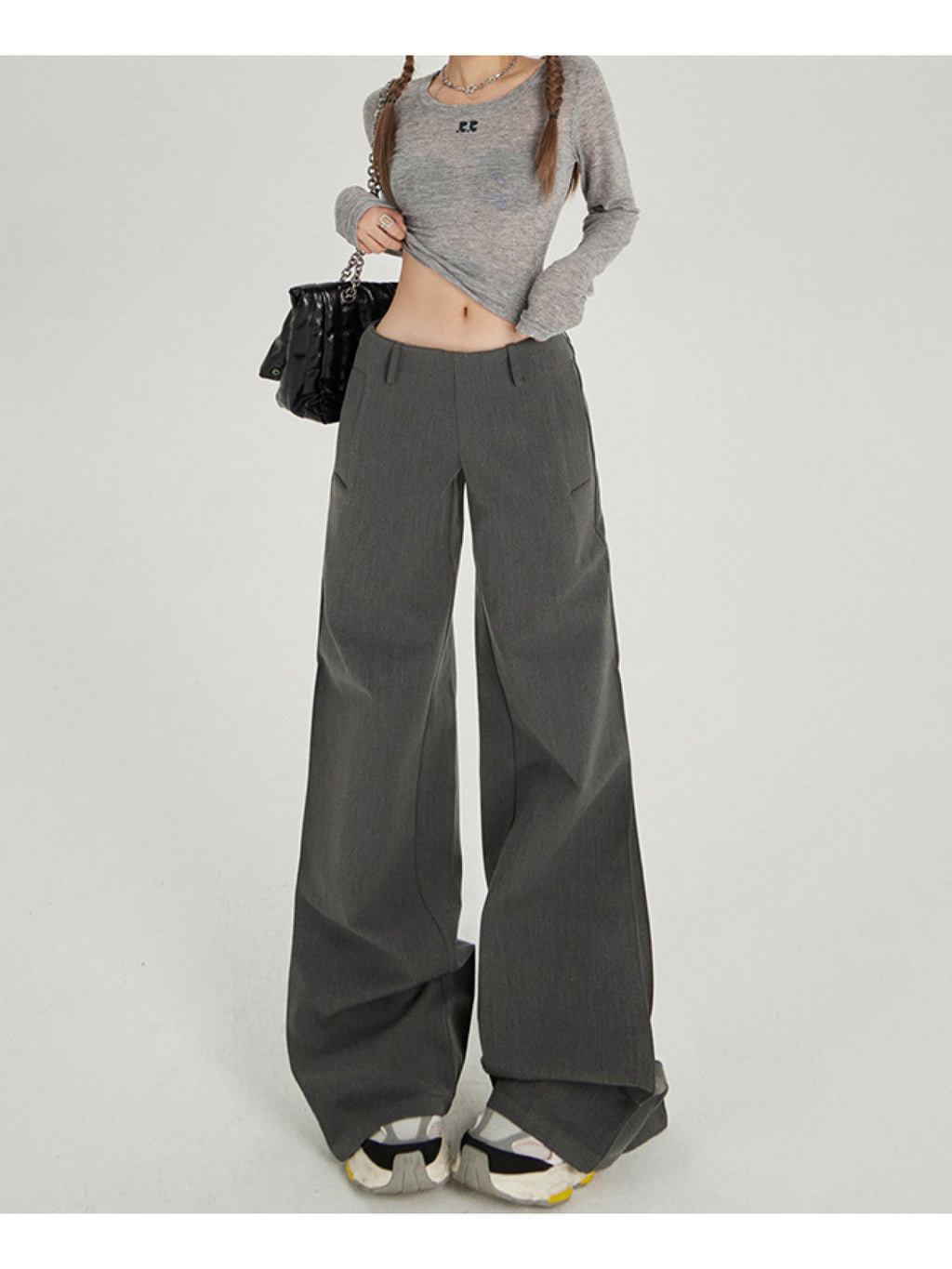 Retro Low-Rise Wide-Leg Flared Trousers | Casual Solid Color, All-Season