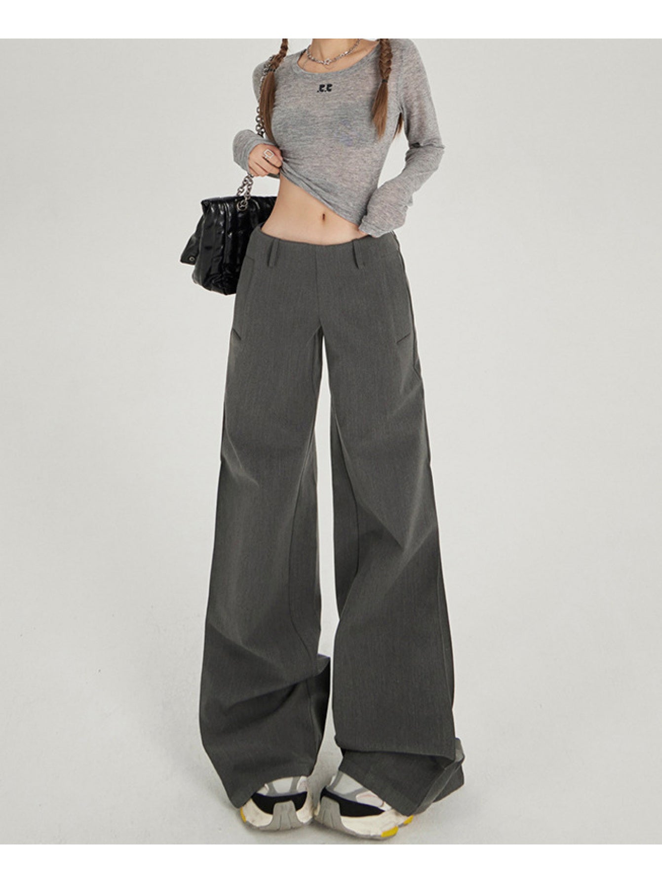 Retro Low-Rise Wide-Leg Flared Trousers | Casual Solid Color, All-Season