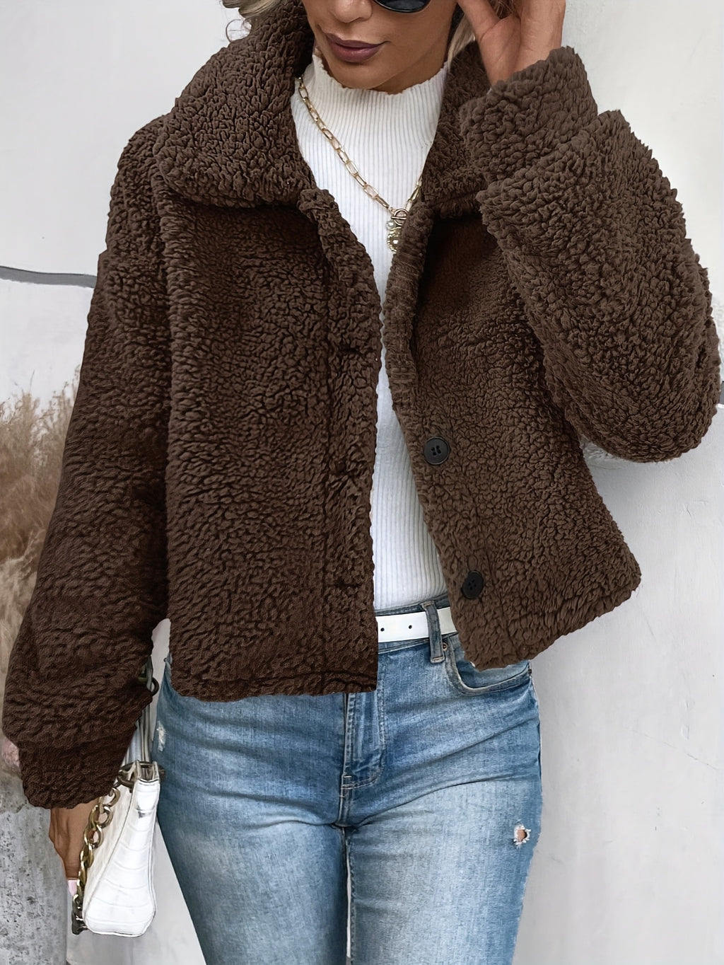 Women's Autumn-Winter Warm Elegant Solid Color Casual Lapel Front Button Long Sleeve Short Faux Coat