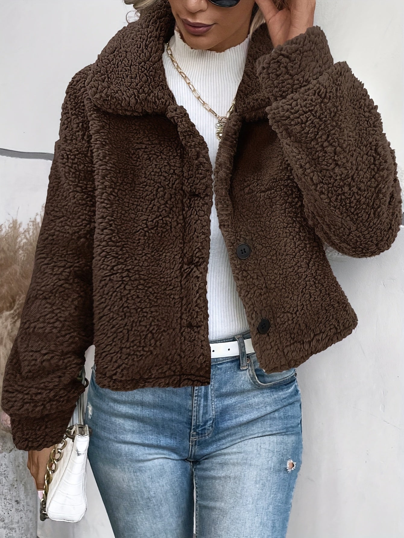 Women's Autumn-Winter Warm Elegant Solid Color Casual Lapel Front Button Long Sleeve Short Faux Coat