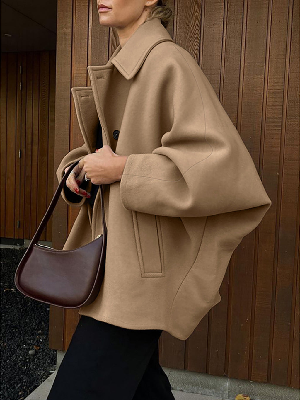 Autumn Fashion High-End Brown Lapel Batwing Sleeve Cardigan Coat European and American Cross-Border Simple Commuter Women's Clothing