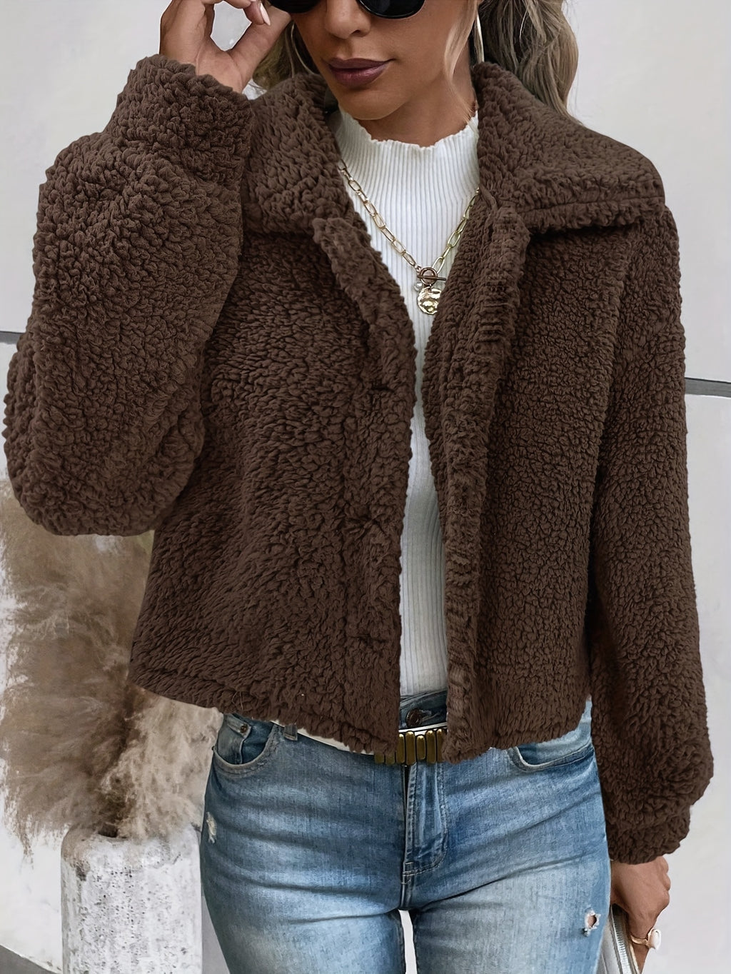 Women's Autumn-Winter Warm Elegant Solid Color Casual Lapel Front Button Long Sleeve Short Faux Coat