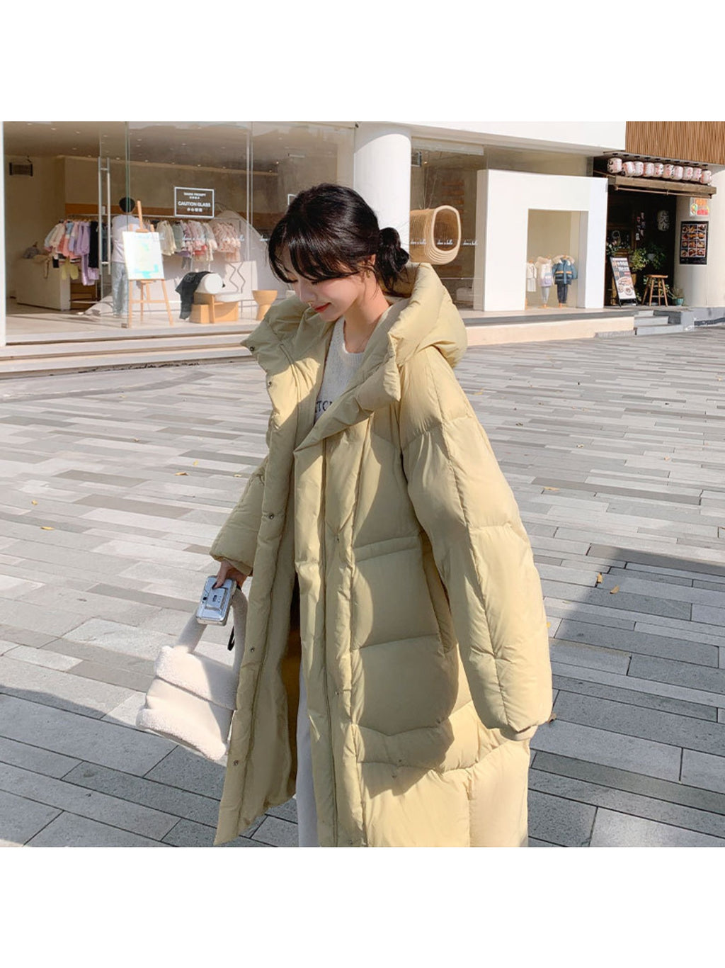 Women'S Cream-Yellow Hooded White duck down Jacket - Thickened Winter Coat with Full-Zip Closure, Long Length & Elegant Casual Style, Premium Quality Duck Down Insulation for Cold Weather