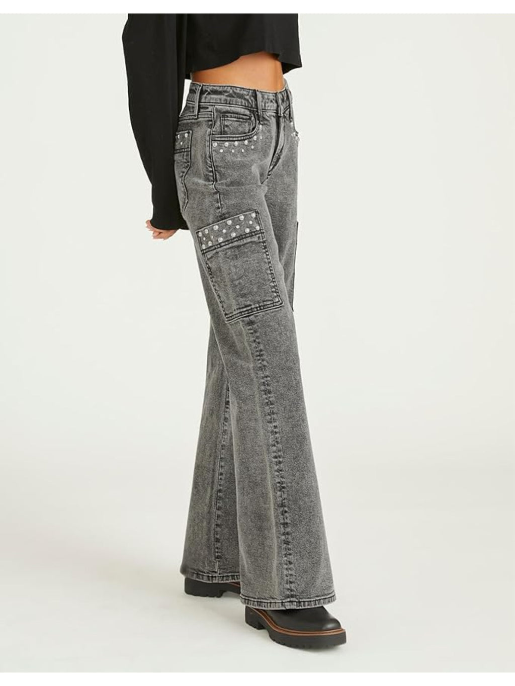 High-Waisted Wide-Leg Jeans - Adorned Belt Loop & Button Closure, Straight-Leg Workwear Pants