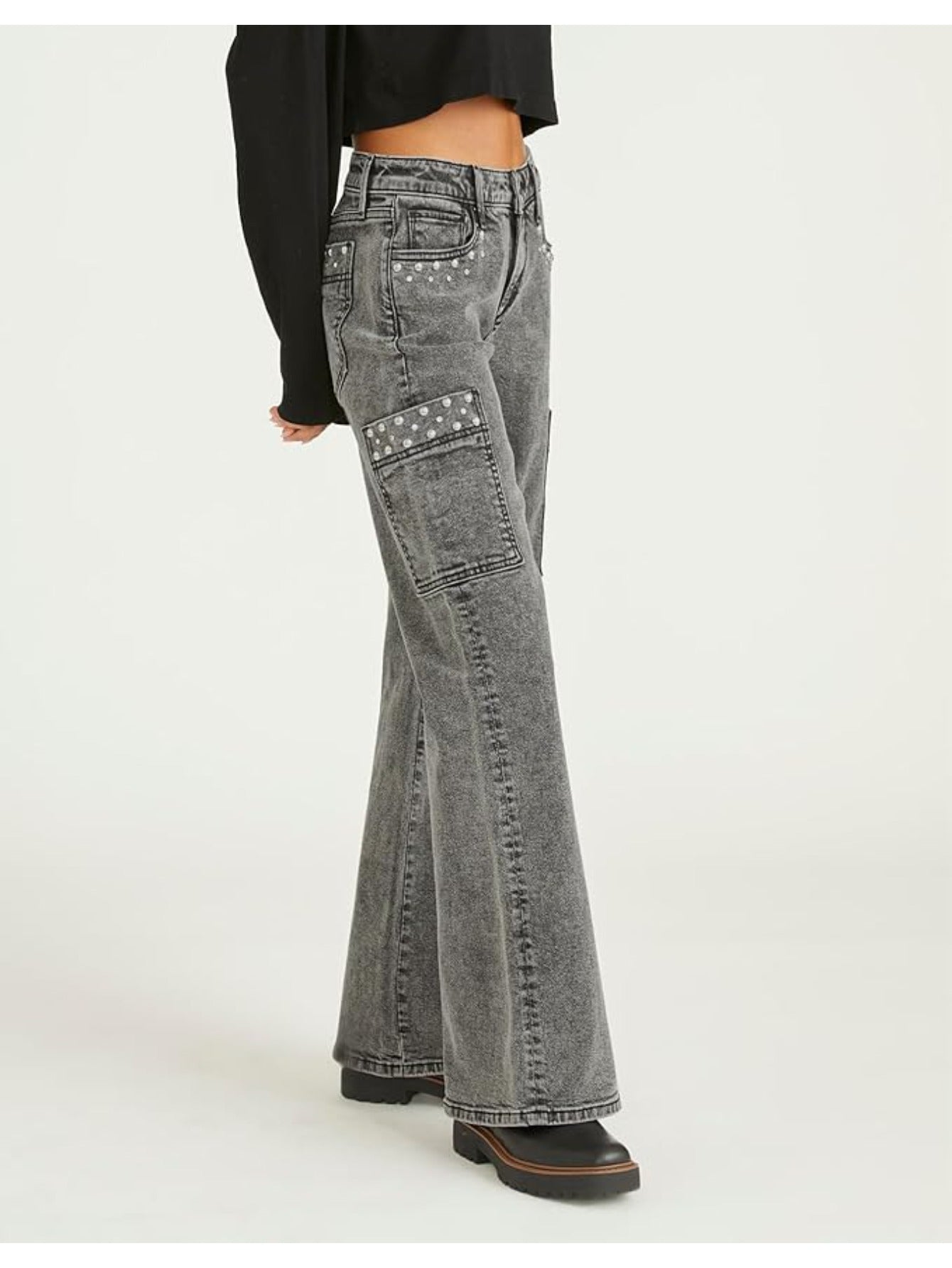 High-Waisted Wide-Leg Jeans - Adorned Belt Loop & Button Closure, Straight-Leg Workwear Pants