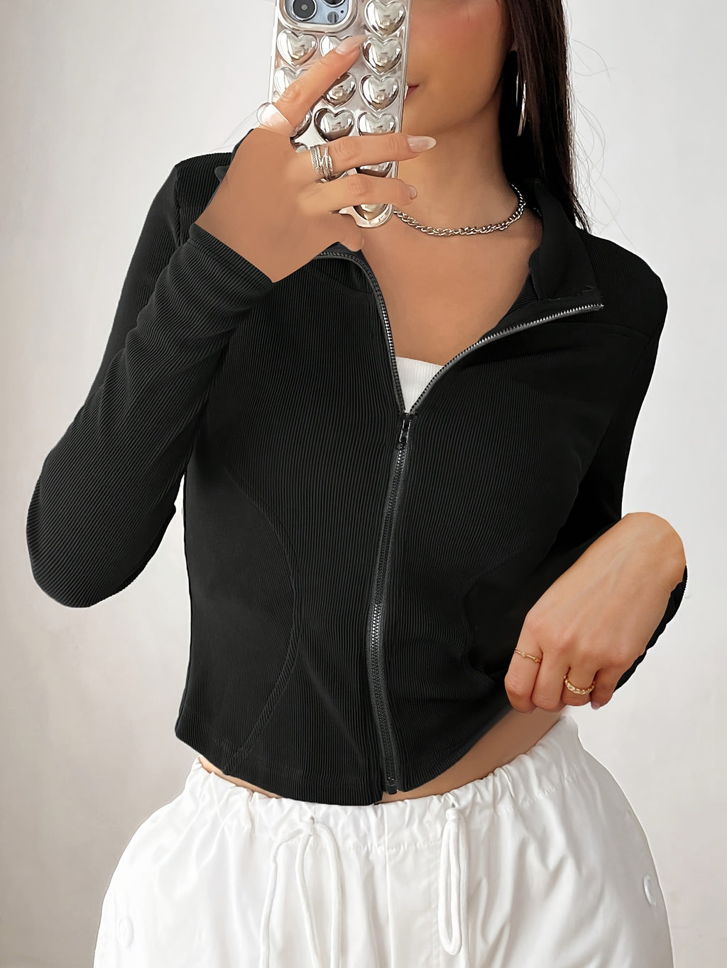 Solid-color Ribbed Stand-up Collar Zipper Jacket for Women In Autumn And Winter