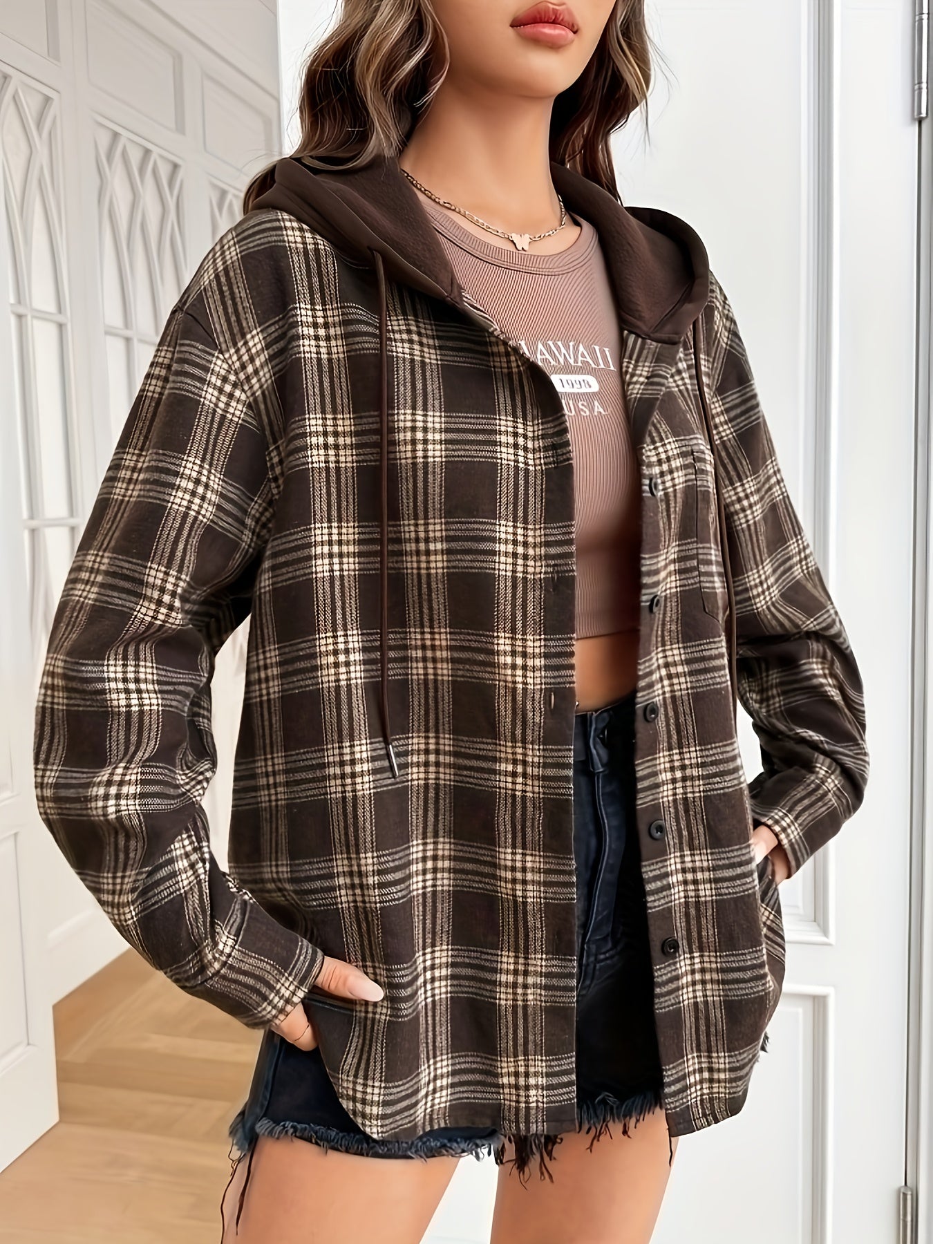 Women's Autumn Coats, Casual Hooded Shirt Coats, Women's Coats, Autumn Coats, Plaid Shirts