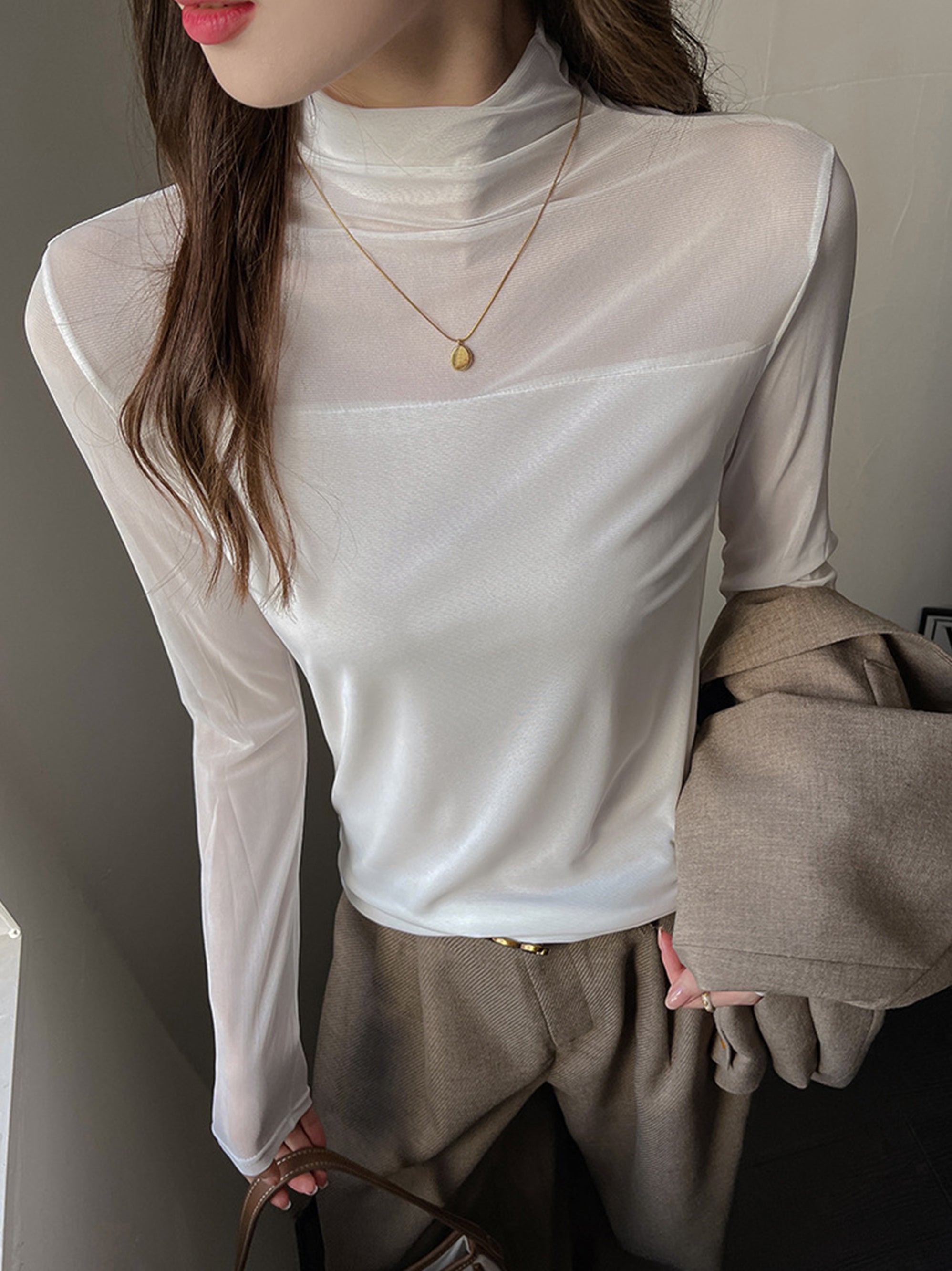 Mesh Patchwork Long-Sleeved Base Shirt | Women'S Autumn and Winter Semi-Turtleneck Fashion High-End Inner Top with Contrast Mesh Details