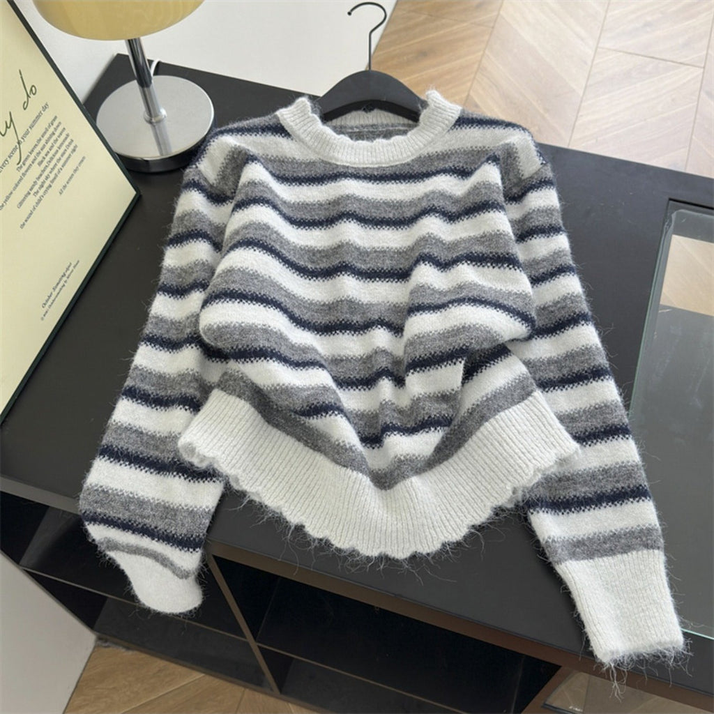 Autumn and Winter Women'S Simple and Versatile Striped Crew Neck Pullover Long-sleeve Sweater | Casual Style, Solid Color Pattern