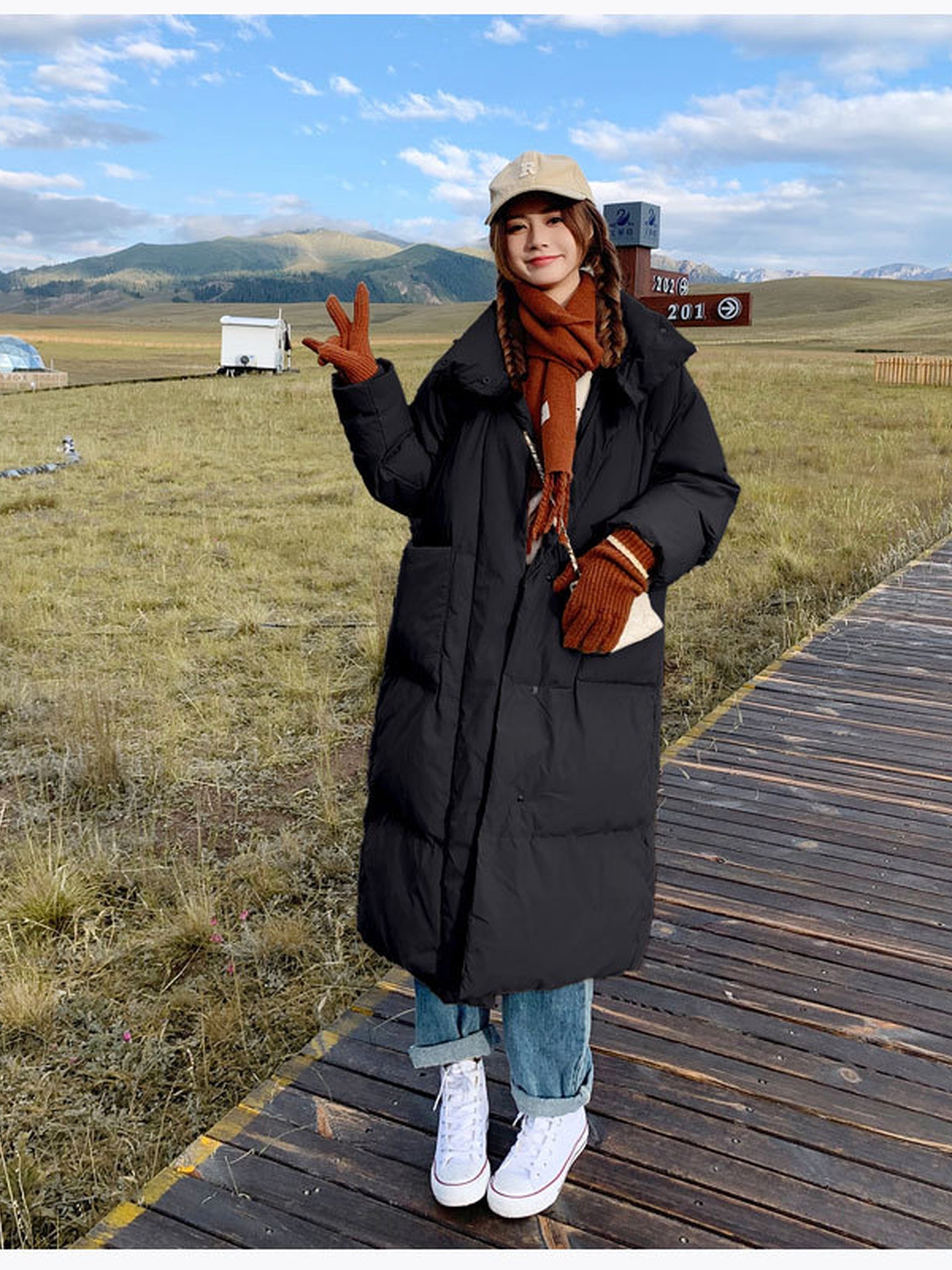 Women'S Winter Coat | 2025 New Korean-Style Long Loose Mid-Length Puffer Jacket for Petite Ladies with Geometric Pattern and Puff Sleeves