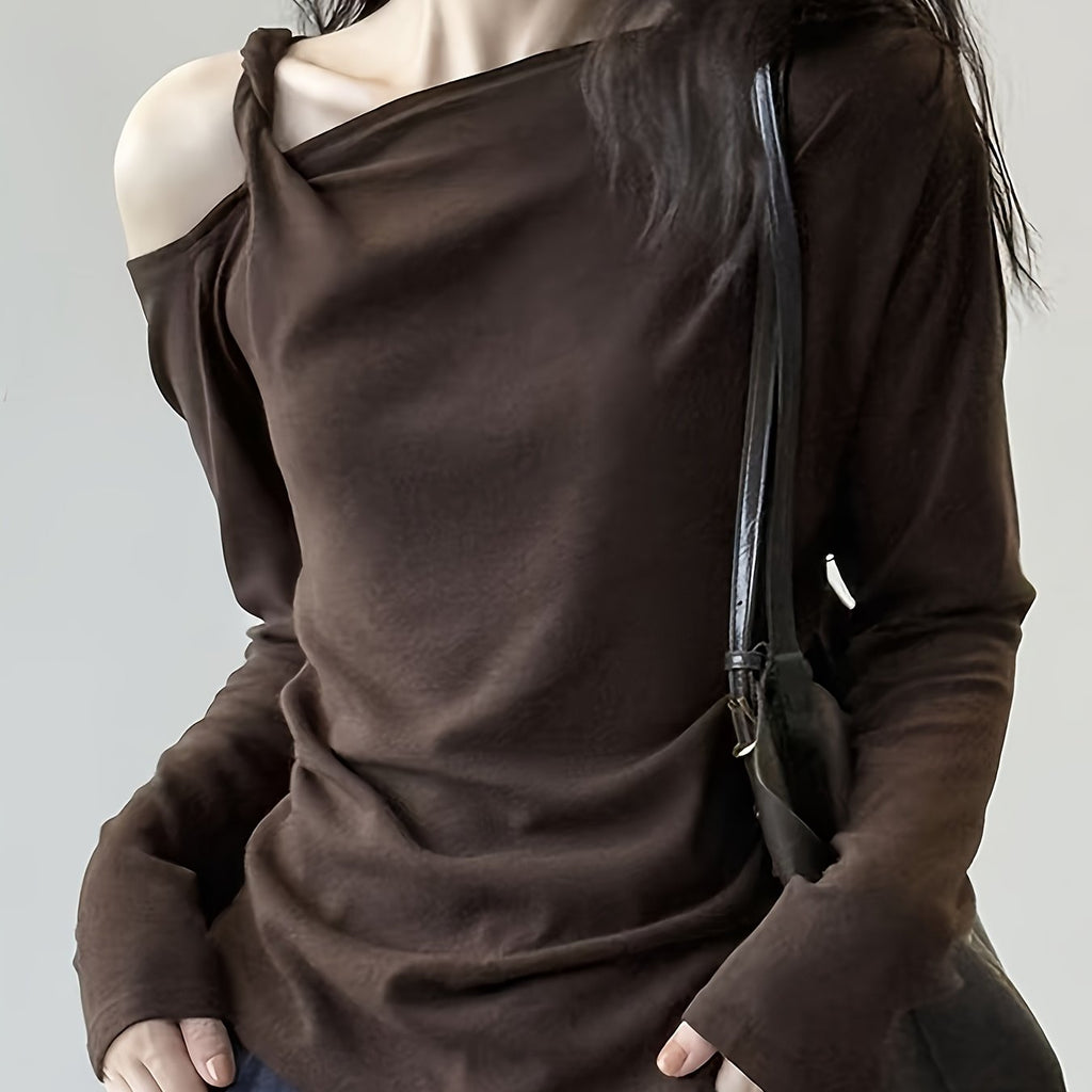 Ladies' Elegant Off Shoulder Long Sleeved T-shirt Top | Irregular Design, Versatile for Banquets, Dates, Festivals, Daily Life, Leisure, Celebrations, Tourism