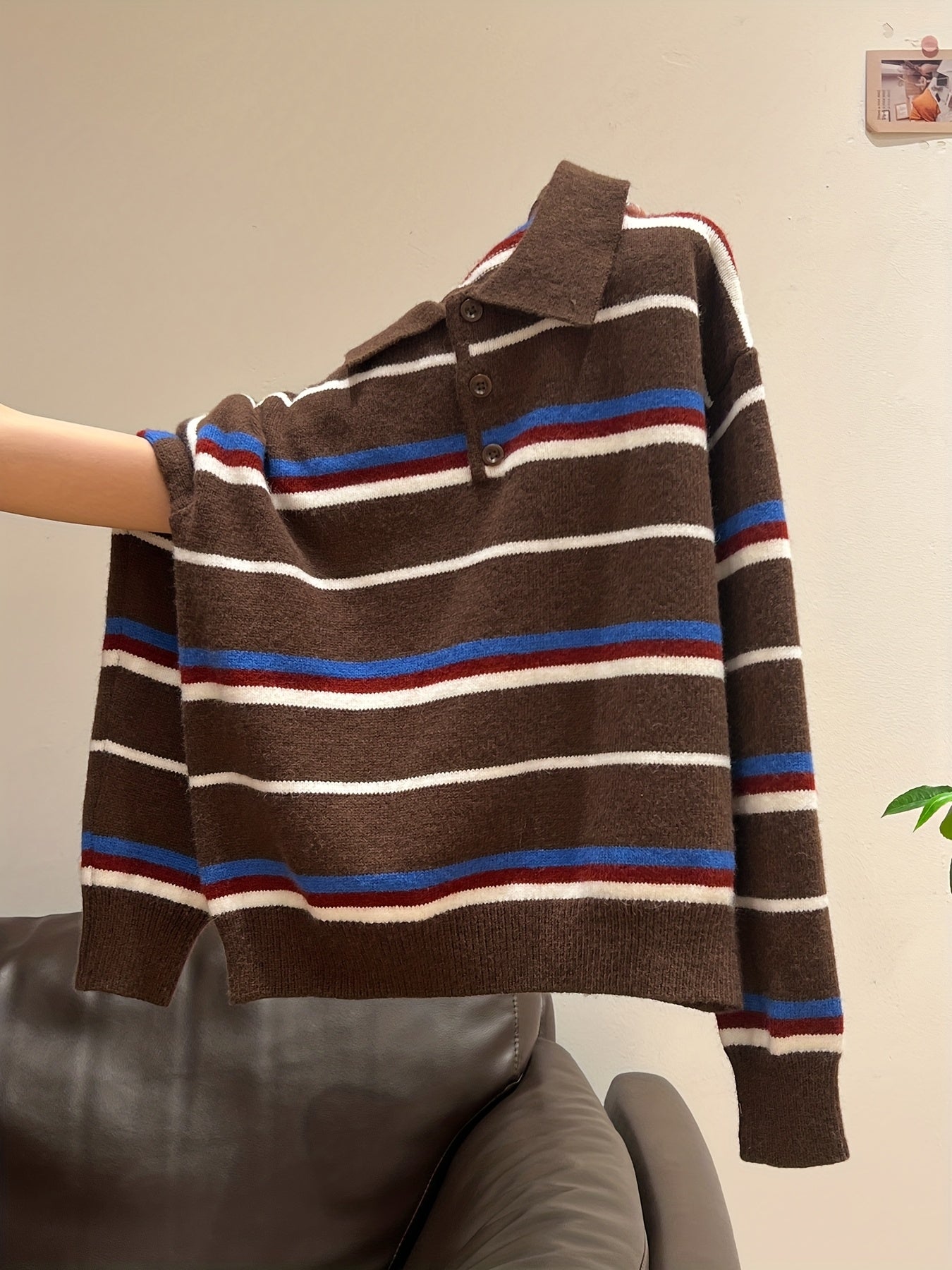 Women'S Korean Christmas Blue Striped Color-Block Button-Up Cardigan | Winter Warm Top, Elegant Knitwear, Loose Fit, Cozy Material, Long Sleeve, Fall\Winter