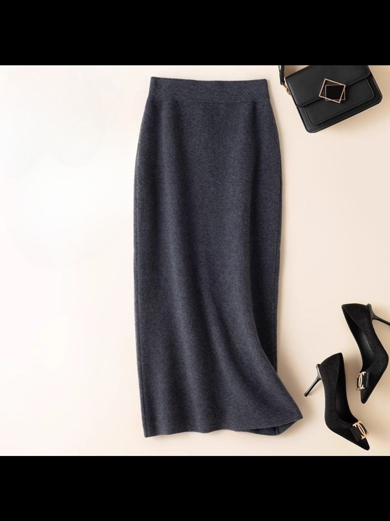 Half-length Skirt | Women'S Mid-length Winter Coat, High Waist for Effect, Stylish Fabric, Straight Shape, Versatile, Flattering Skirt, Elegant Solid Color with Color Block Details