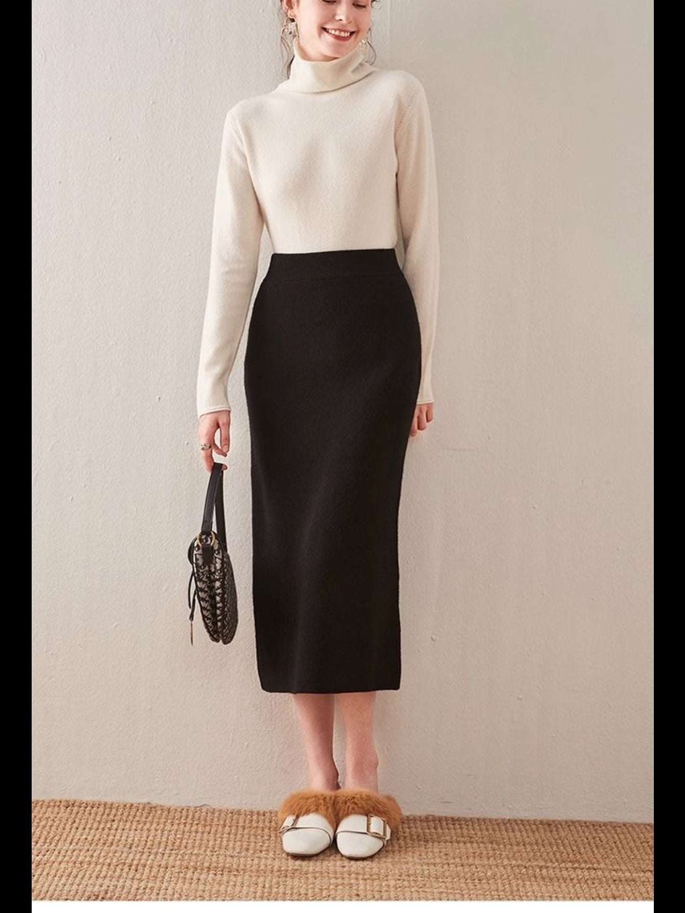 Half-length Skirt | Women'S Mid-length Winter Coat, High Waist for Effect, Stylish Fabric, Straight Shape, Versatile, Flattering Skirt, Elegant Solid Color with Color Block Details