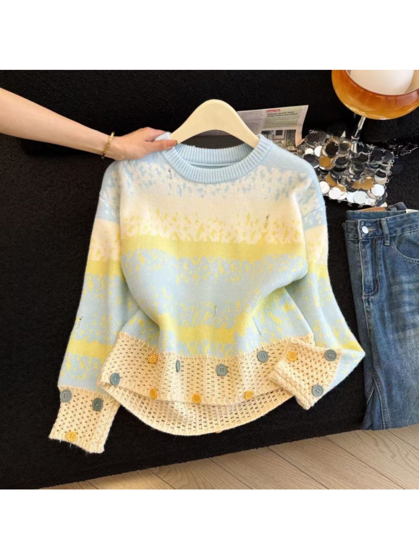 New Fresh and Dopamine 2026 Autumn and Winter New Style Hooded Loose Thickened Sweater Coat with Printed Design | Casual Style, High Neck, Plaid Pattern, Contrast Binding Details