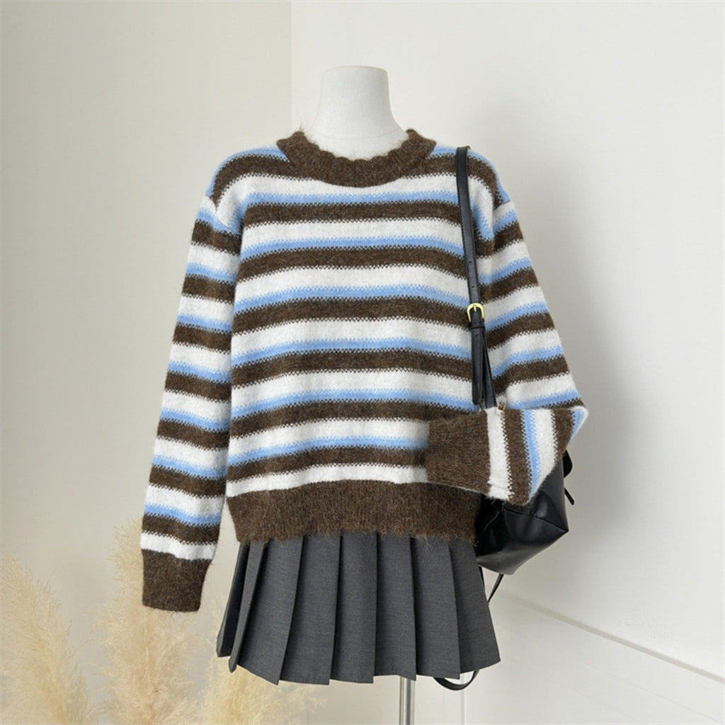 Autumn and Winter Women'S Simple and Versatile Striped Crew Neck Pullover Long-sleeve Sweater | Casual Style, Solid Color Pattern