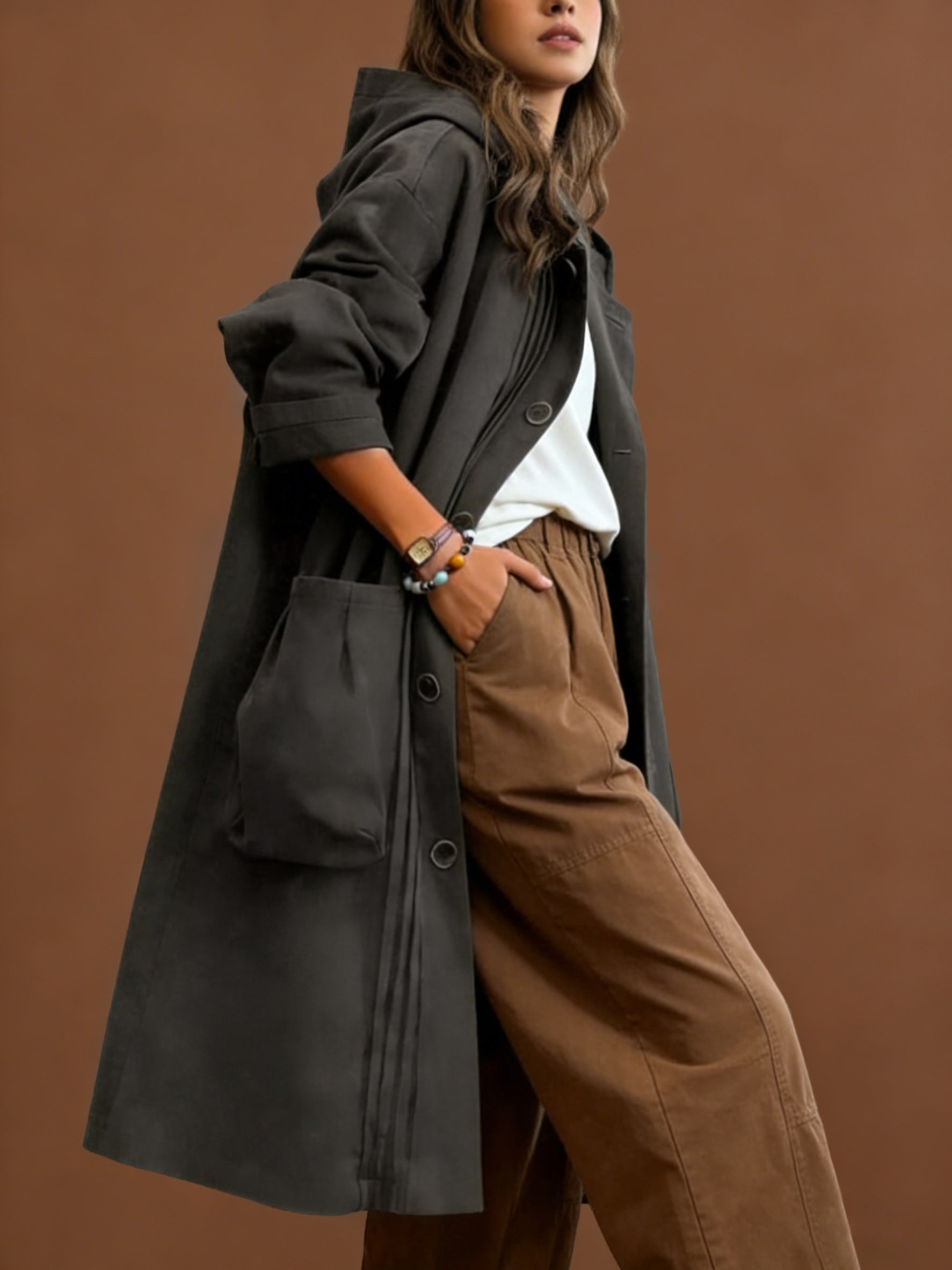 Women's Trench Coat Elegant Women's Loose-Fit Hooded Trench Coat - Versatile Mid-Length Design with Single-Breasted Button and Large Pockets for Fall\Winter