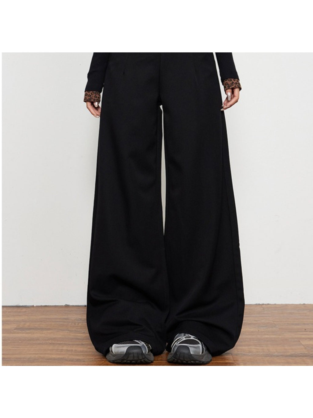 Four Seasons Wear Spice Style Black Low Waist Casual Pants | Drape Loose Straight Leg Wide Leg Suit Pants with Back Flap