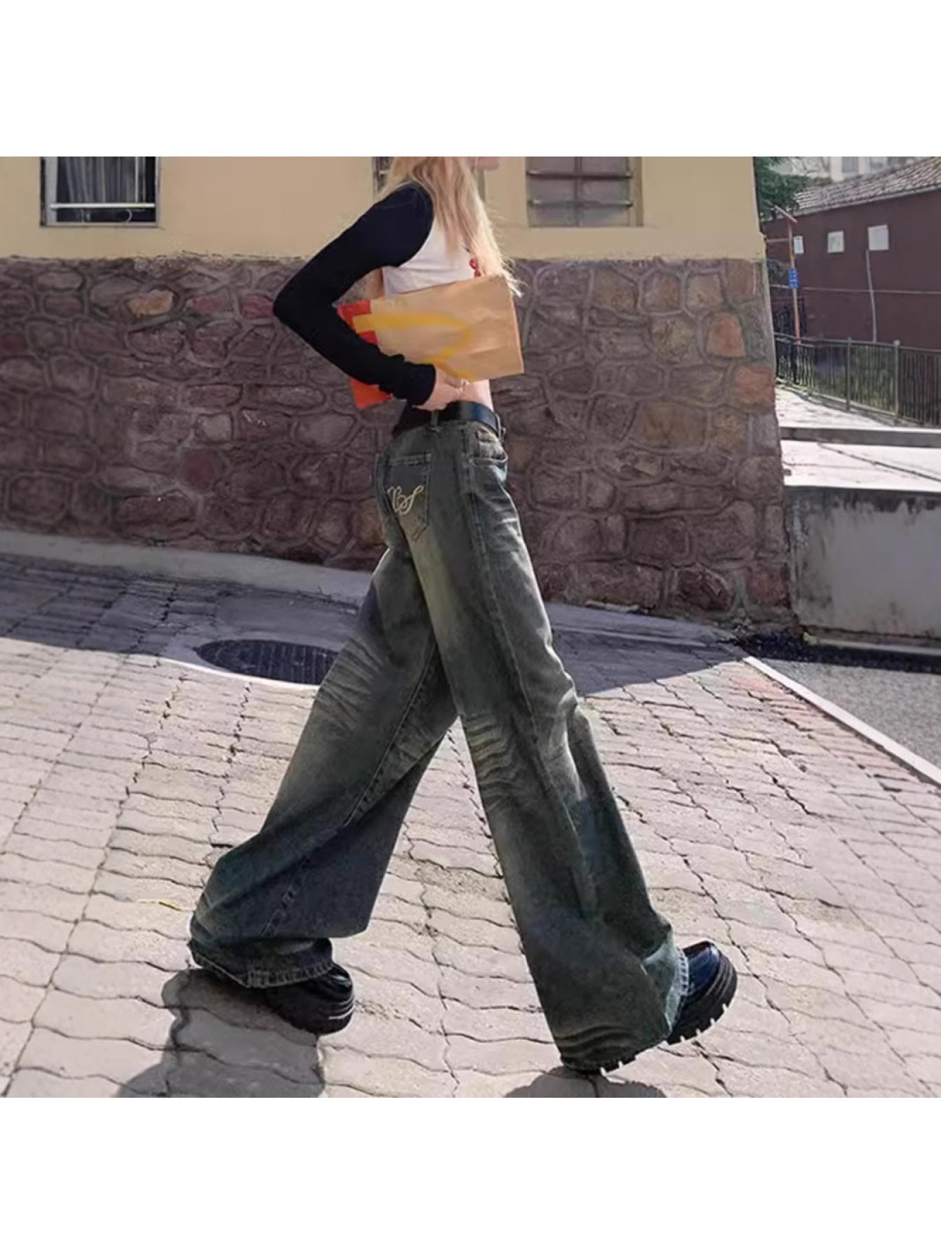 American Retro Hot Jeans Women, Spring and Autumn New High Street Low Waist Distressed Loose Wide-Leg Floor-Length Pants Trendy