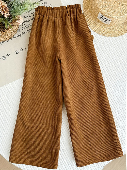 Autumn\Winter Women's Brown Corduroy Wide-Leg Pants with Cute Lace Trim, Fashionable Loose Fit Casual Trousers with Faux Pockets for Fall and Winter Outfits