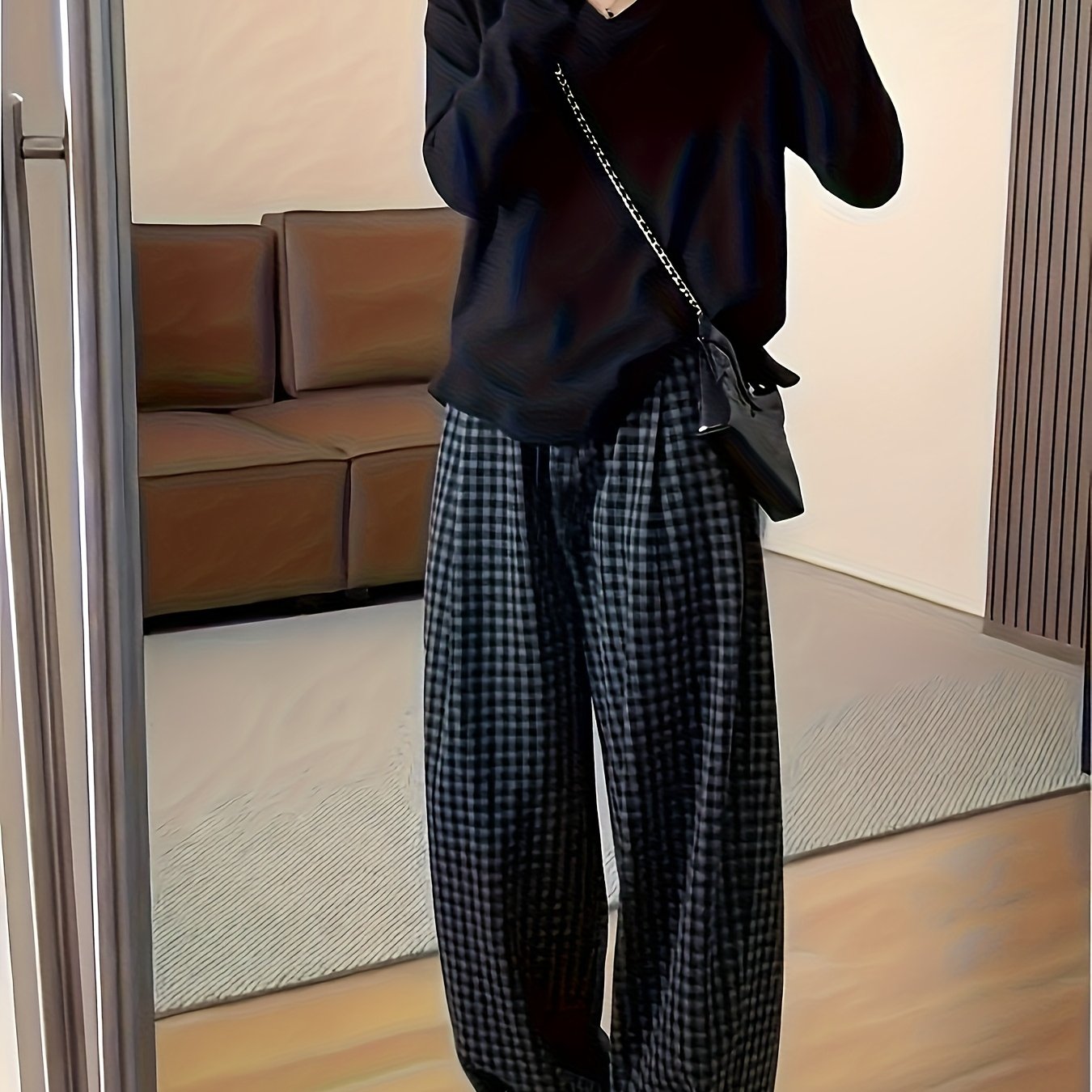 Women's Long Pants, New Spring\Autumn Plaid Loose Pants with Elastic Waistband and Drawstring Design, Casual Fashion Trendy Straight-Leg Pants