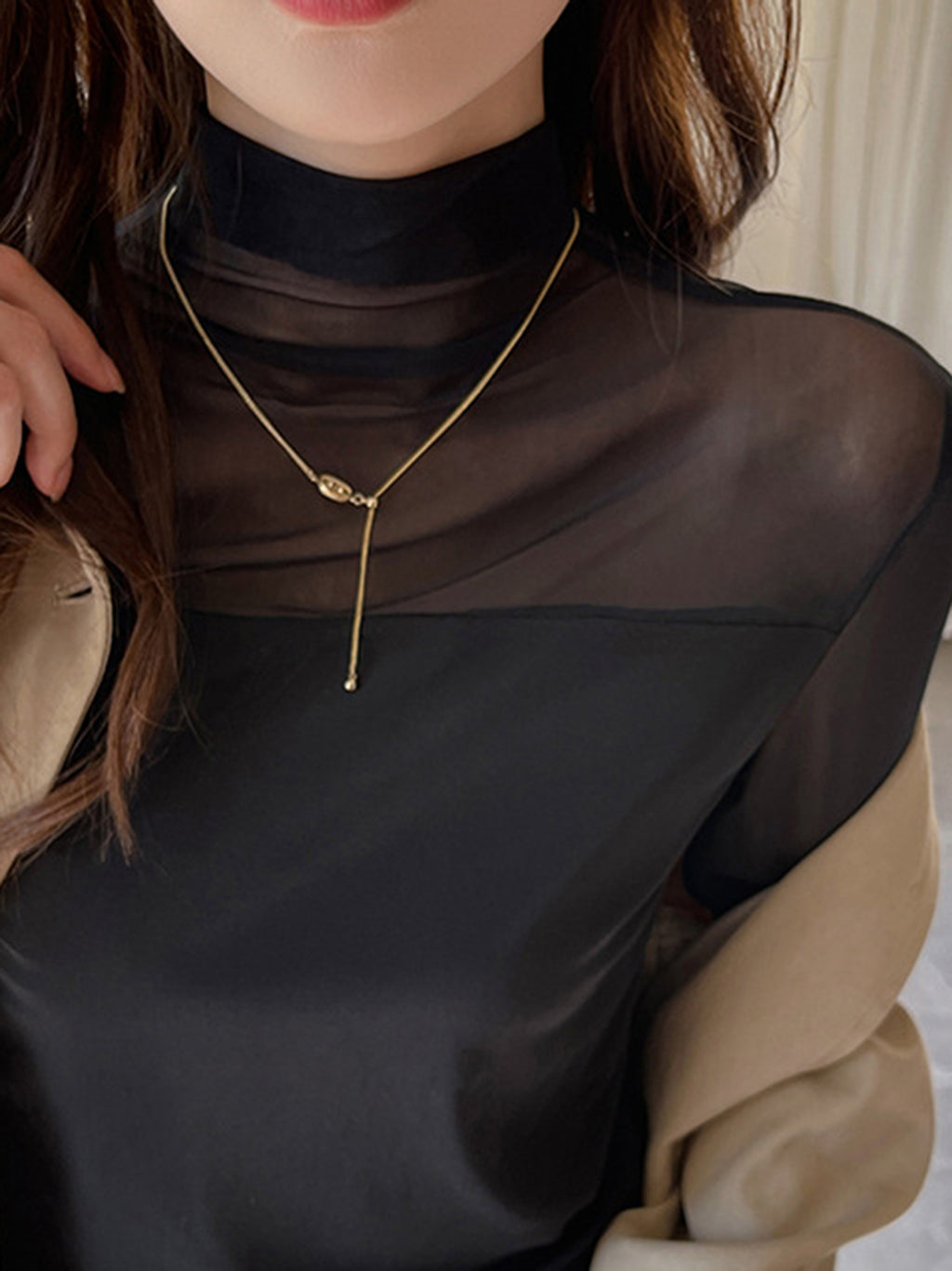 Mesh Patchwork Long-Sleeved Base Shirt | Women'S Autumn and Winter Semi-Turtleneck Fashion High-End Inner Top with Contrast Mesh Details