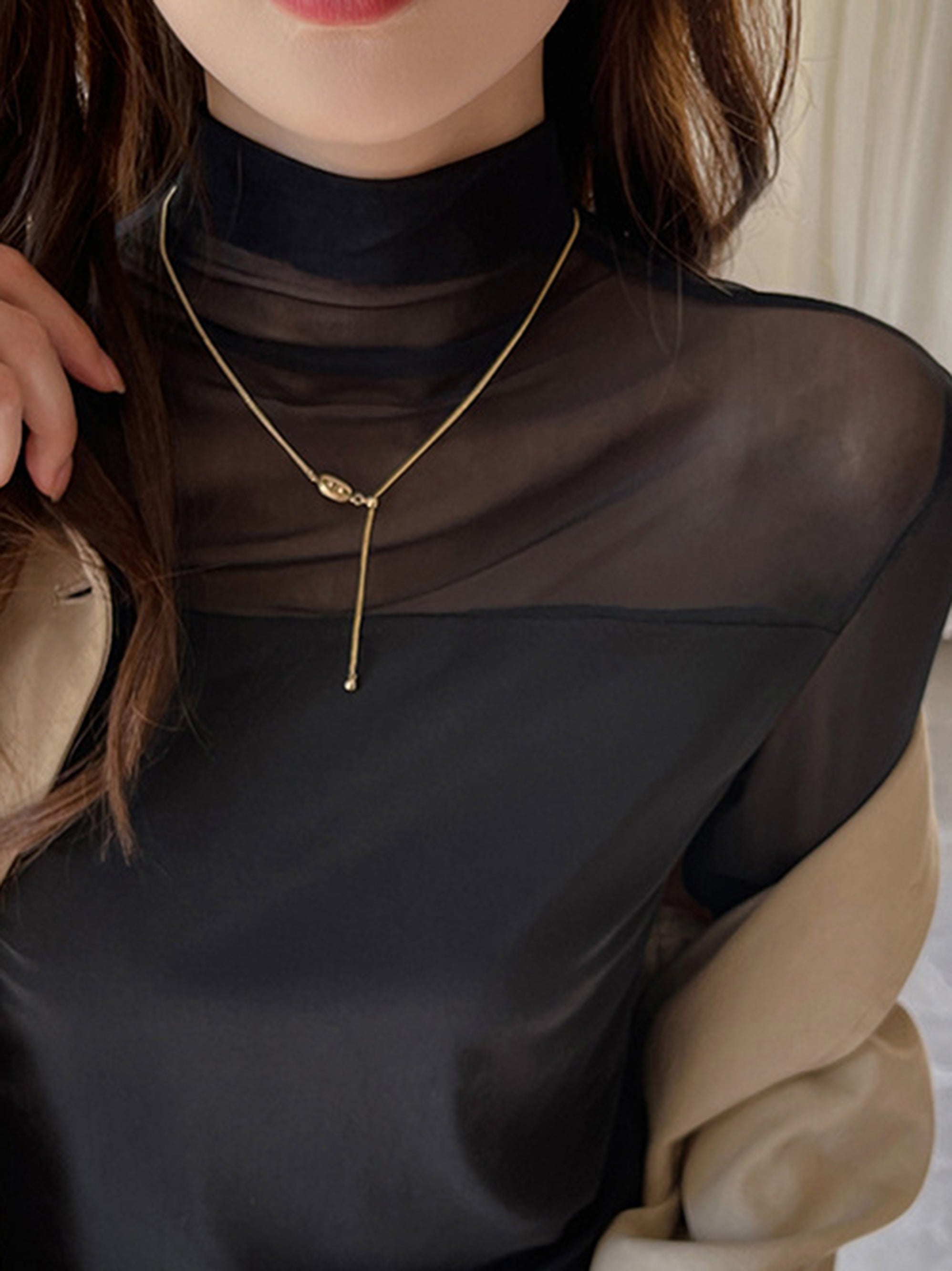 Mesh Patchwork Long-Sleeved Base Shirt | Women'S Autumn and Winter Semi-Turtleneck Fashion High-End Inner Top with Contrast Mesh Details