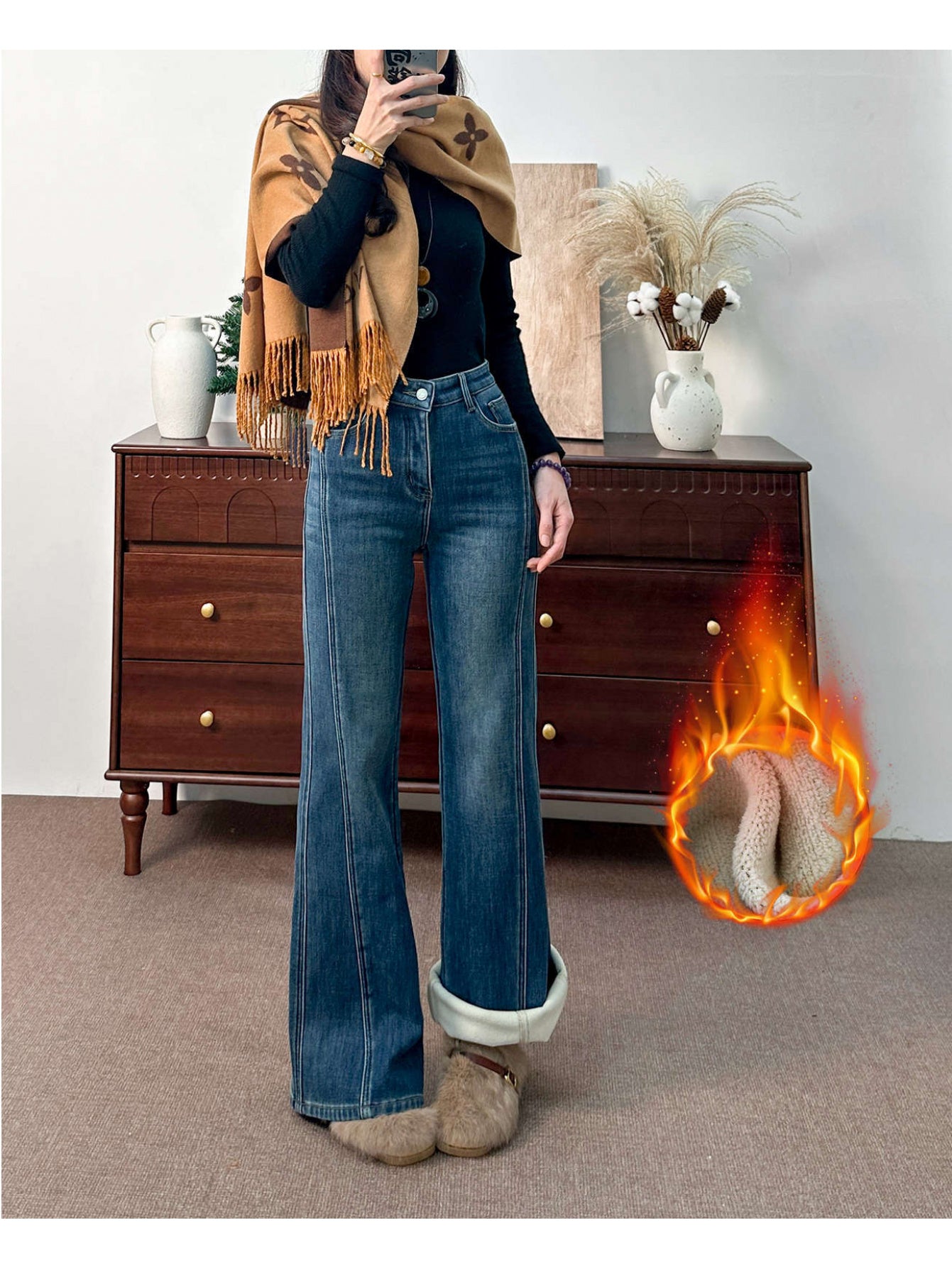 Fleece-lined High-Waisted Jeans | Elegant Solid Color, Slight Stretch, Straight Leg, All-season
