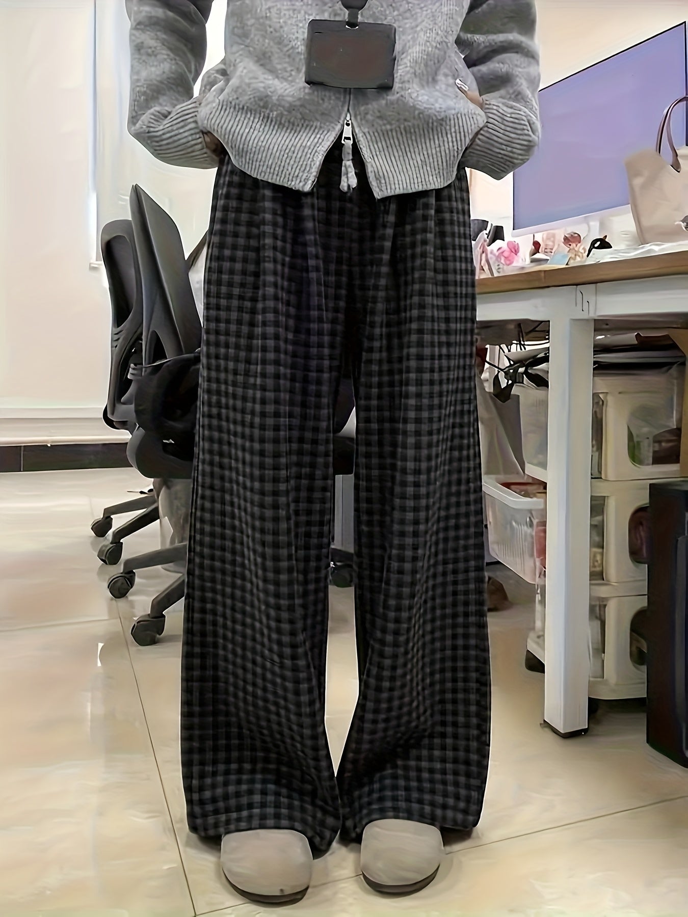Women's Long Pants, New Spring\Autumn Plaid Loose Pants with Elastic Waistband and Drawstring Design, Casual Fashion Trendy Straight-Leg Pants