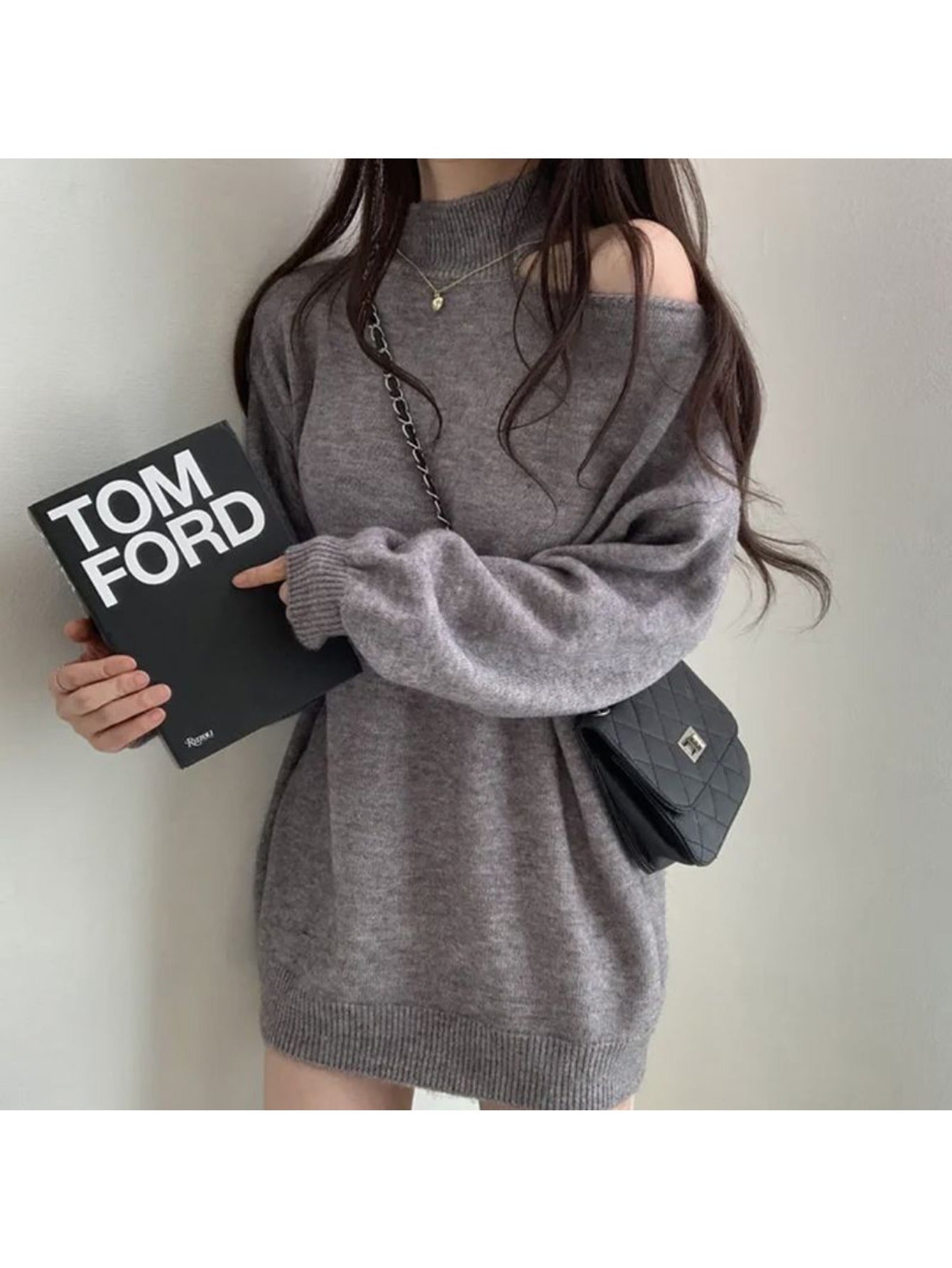 European & American Style 2026 Fall\Winter Off-Shoulder Turretneck Sweater - Hollow-Out Shoulder Design, Loose Fit Blouse, Medium-Stretch Casual Winter Sweaters for Layering