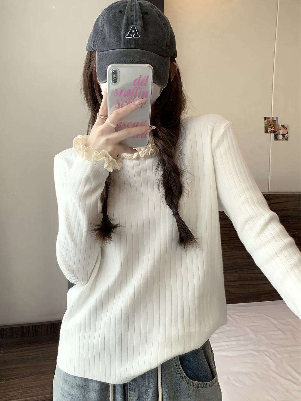 Solid Color Ruffle Neckline Top, Sweet Cute Lace Sweater, Fashionable Versatile Women's Pullover for Autumn and Winter