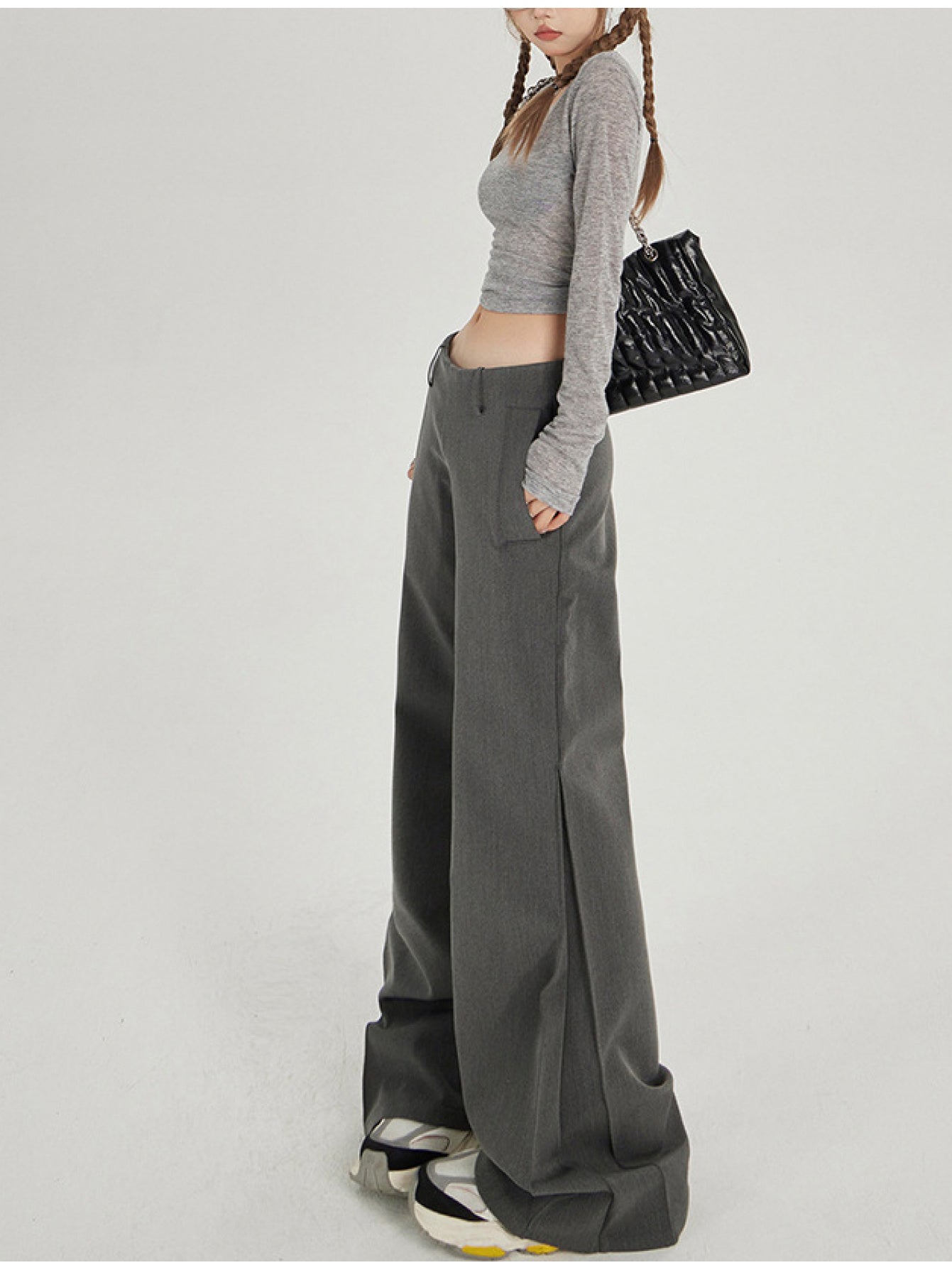 Retro Low-Rise Wide-Leg Flared Trousers | Casual Solid Color, All-Season