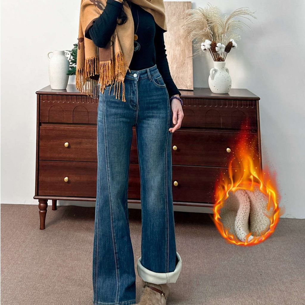 Fleece-lined High-Waisted Jeans | Elegant Solid Color, Slight Stretch, Straight Leg, All-season
