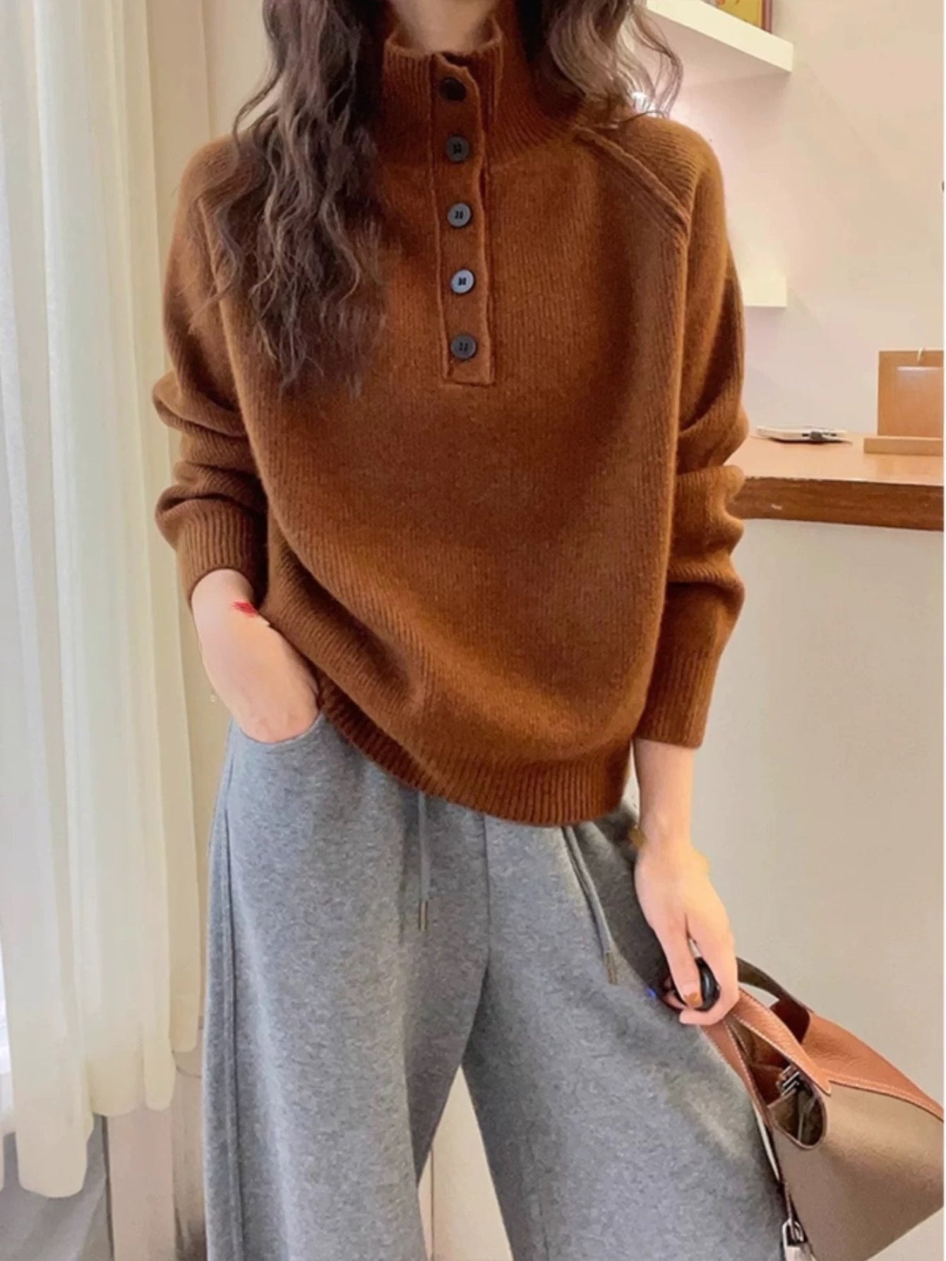 Winter Sweater - High Neck Turtleneck Button-Front Closure, Loose Fit Soft Warm Pullover Sweaters, One-Size-Fits-Most Color Block design for Office, Date Night & Cold Weather