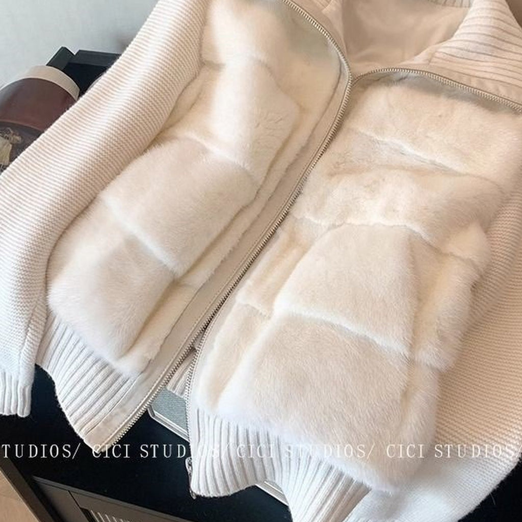 White Patchwork Imitation Mink Padded Jacket for Women | Winter 2025 New Chic Style Warm Quilted Short Coat, Elegant Geometric-Pattern, Long Puff Sleeves, Regular Length