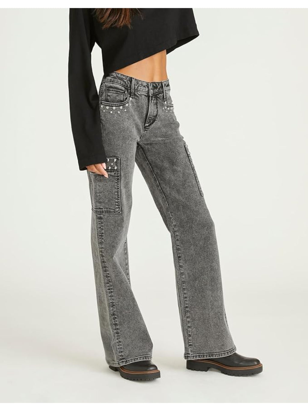 High-Waisted Wide-Leg Jeans - Adorned Belt Loop & Button Closure, Straight-Leg Workwear Pants