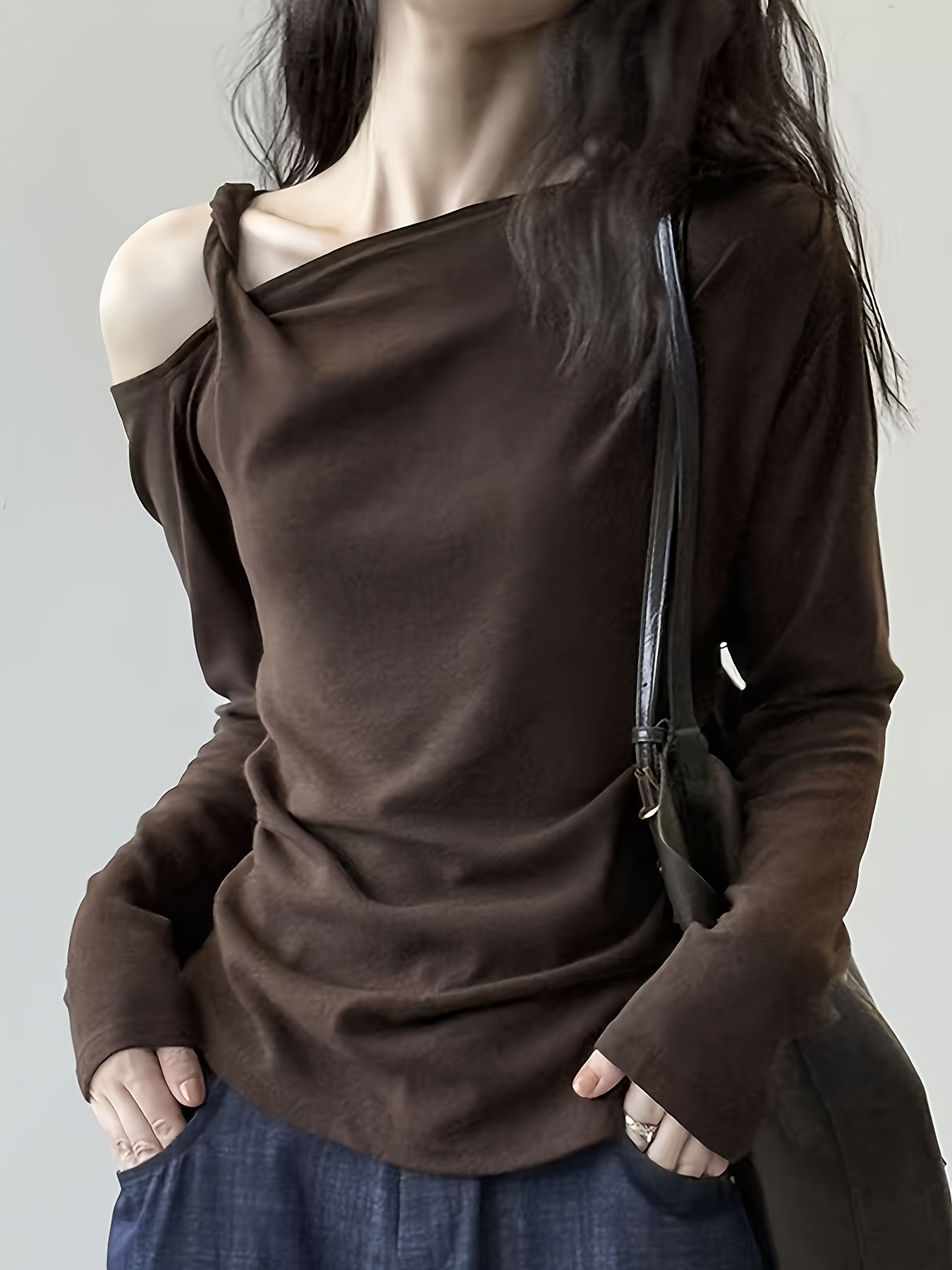 Ladies' Elegant Off Shoulder Long Sleeved T-shirt Top | Irregular Design, Versatile for Banquets, Dates, Festivals, Daily Life, Leisure, Celebrations, Tourism