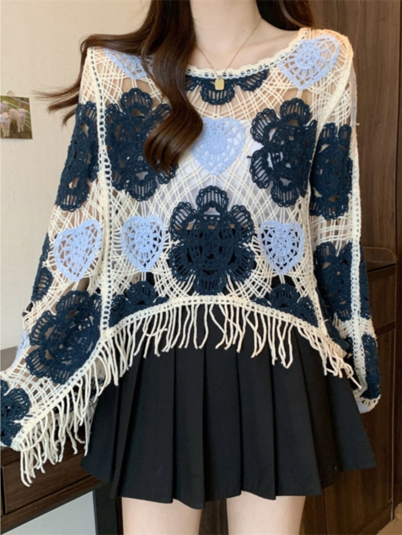 Women's Vintage French Crochet Sweater - Oversized Loose Fit Long Sleeve Crocheted Top with Fringe Hem & Lace-like White Yoke, & Navy Blue Short Cropped Jacket (Hand Washable) for Layering, Beach Parties & Casual