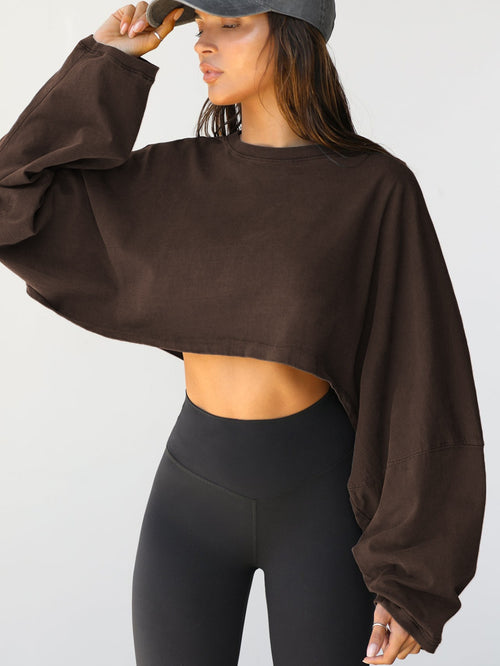 Crop Top Crew Neck Sweatshirt | European and American Women'S Short Sports Base Shirt, Long-Sleeved Sweater, Solid Color for Fall\Winter